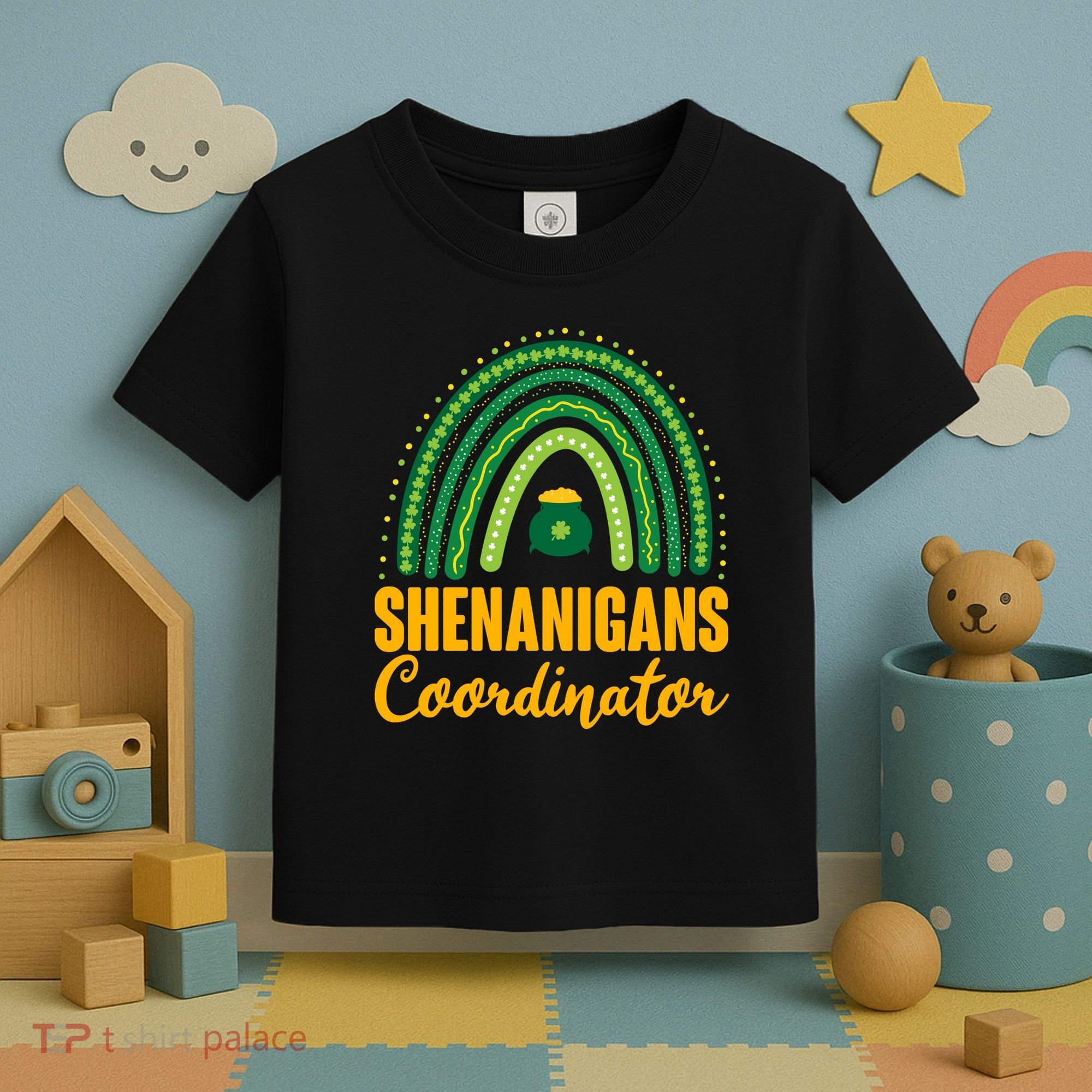 Funny Cute Shenanigans Coordinator Lucky Green Rainbow Pot Of Gold Toddler T-Shirt