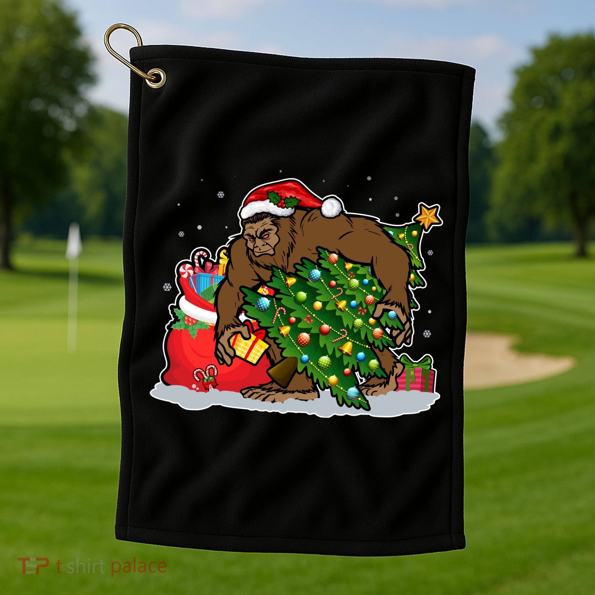 Funny Christmas Santa Sasquatch Bigfoot Golf Towel