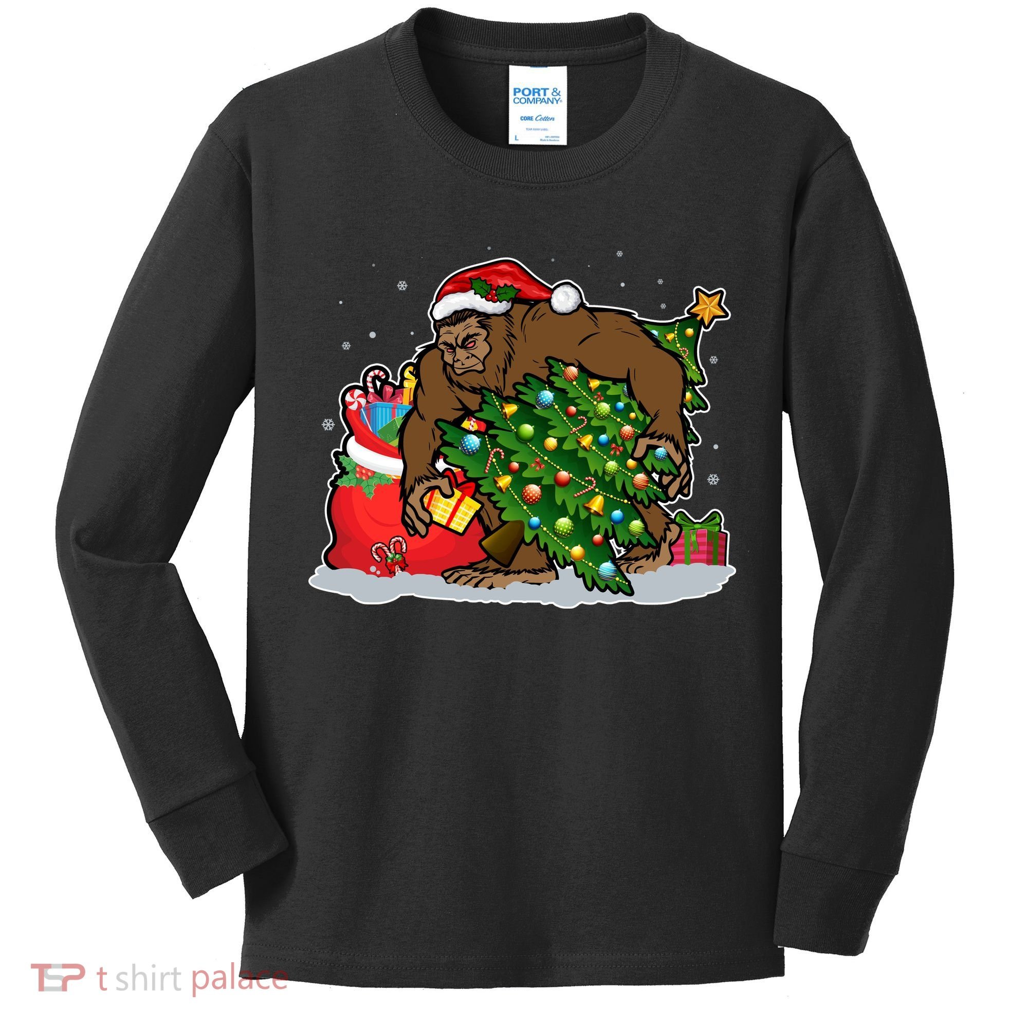 Funny Christmas Santa Sasquatch Bigfoot Kids Long Sleeve Shirt