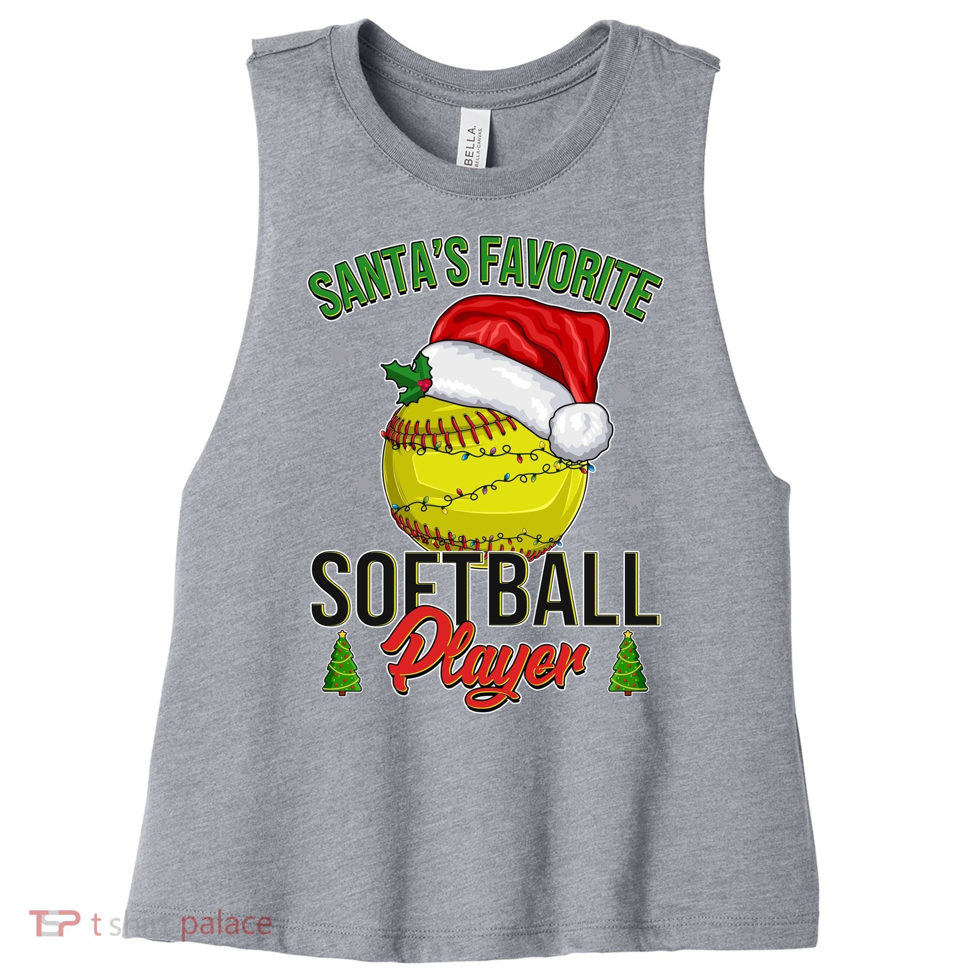 Funny Christmas Santa's Favorite Softball Player Women's Racerback Cropped Tank