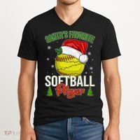 Funny Christmas Santa's Favorite Softball Player V-Neck T-Shirt thumb 2