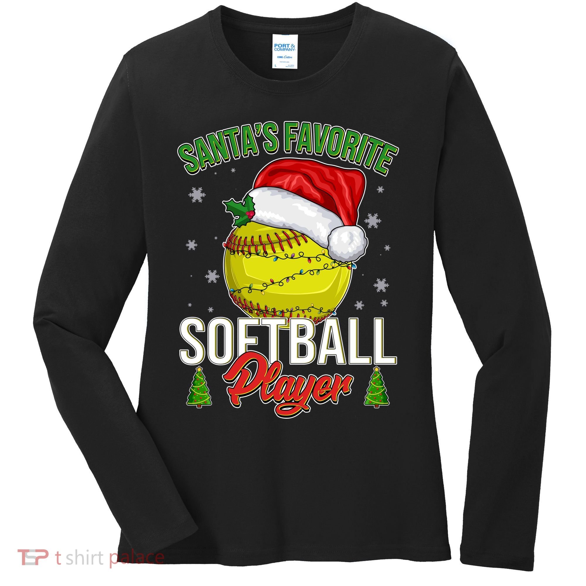 Funny Christmas Santa's Favorite Softball Player Women's Long Sleeve Shirt