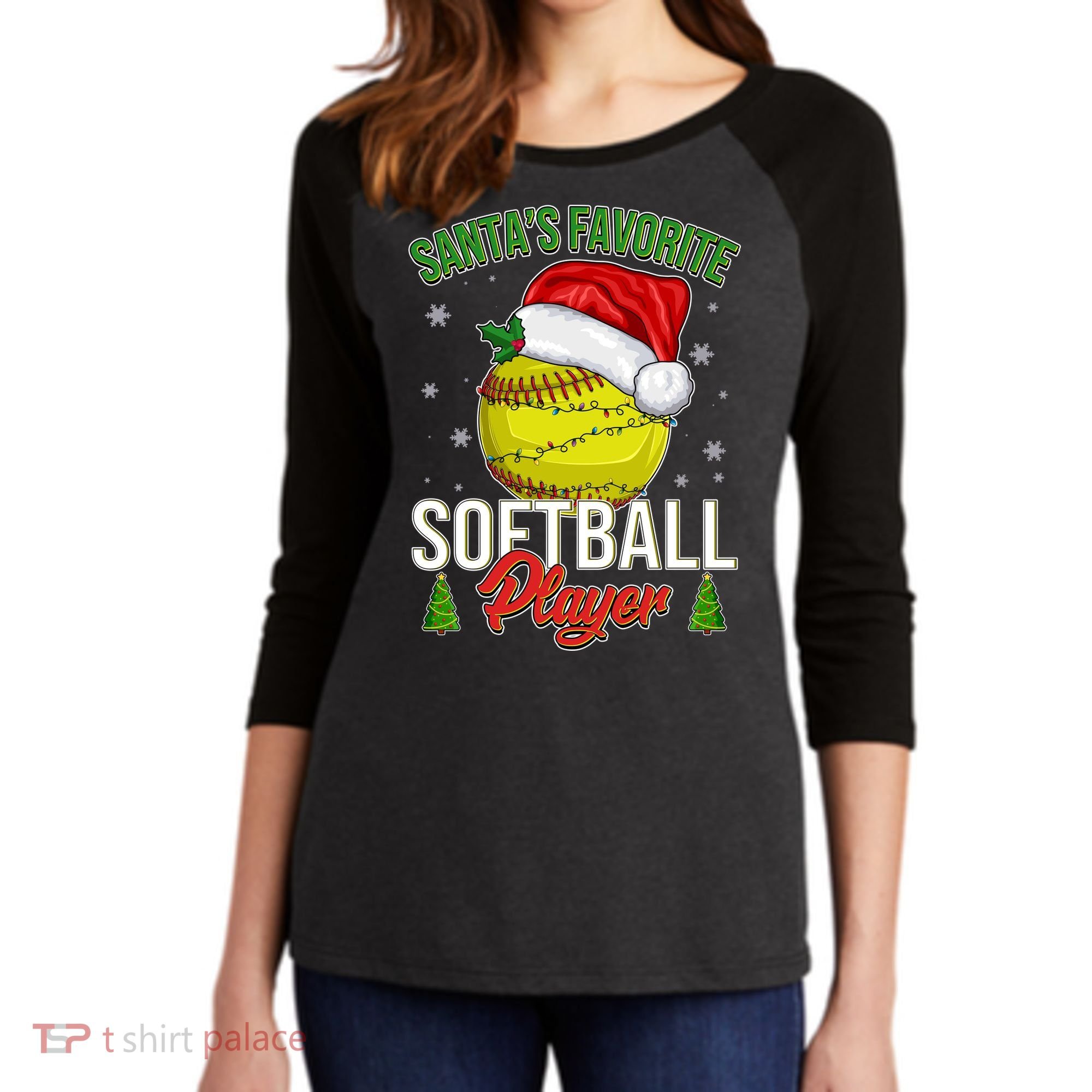 Funny Christmas Santa's Favorite Softball Player Women's Tri-Blend 3/4-Sleeve Raglan Shirt