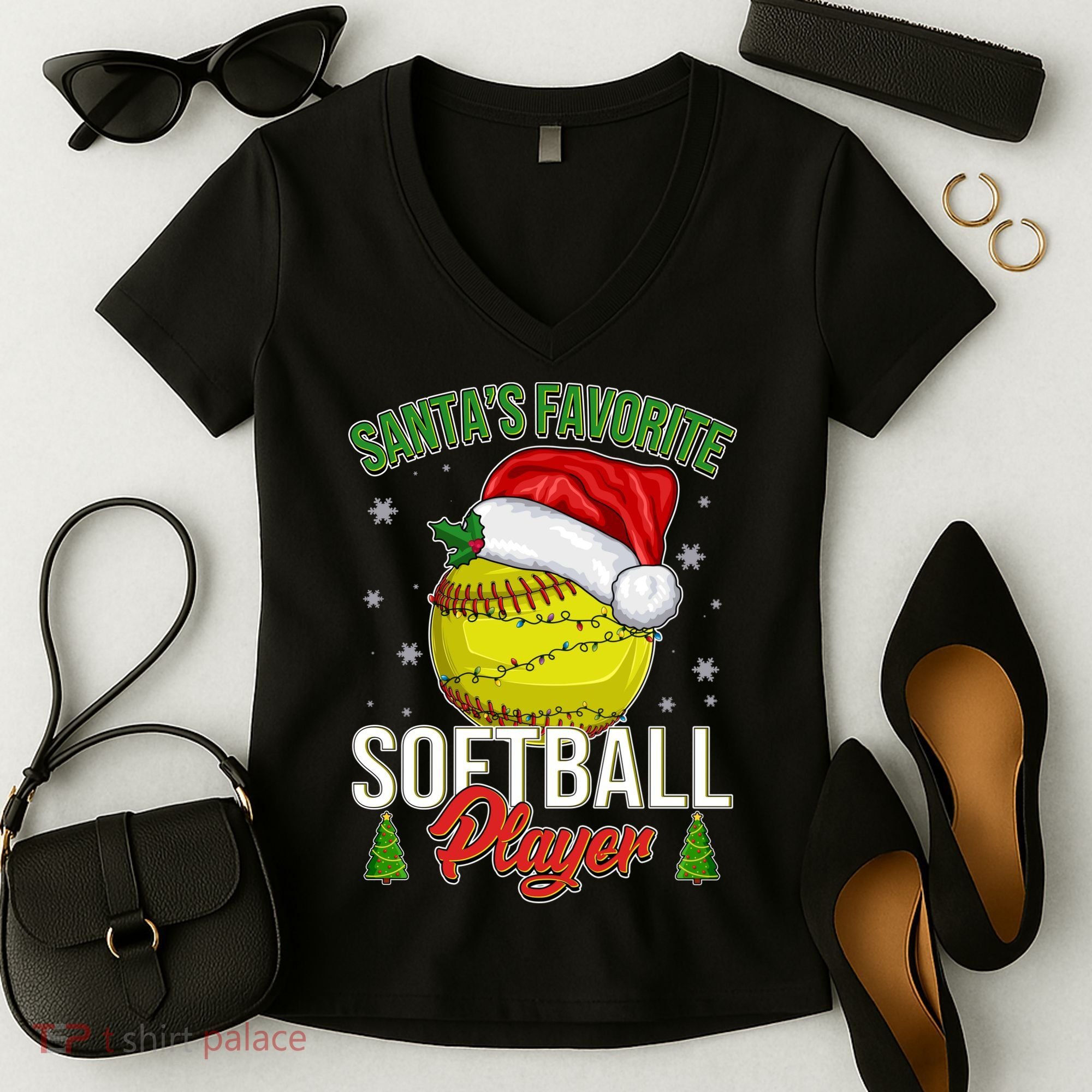 Funny Christmas Santa's Favorite Softball Player Women's V-Neck T-Shirt