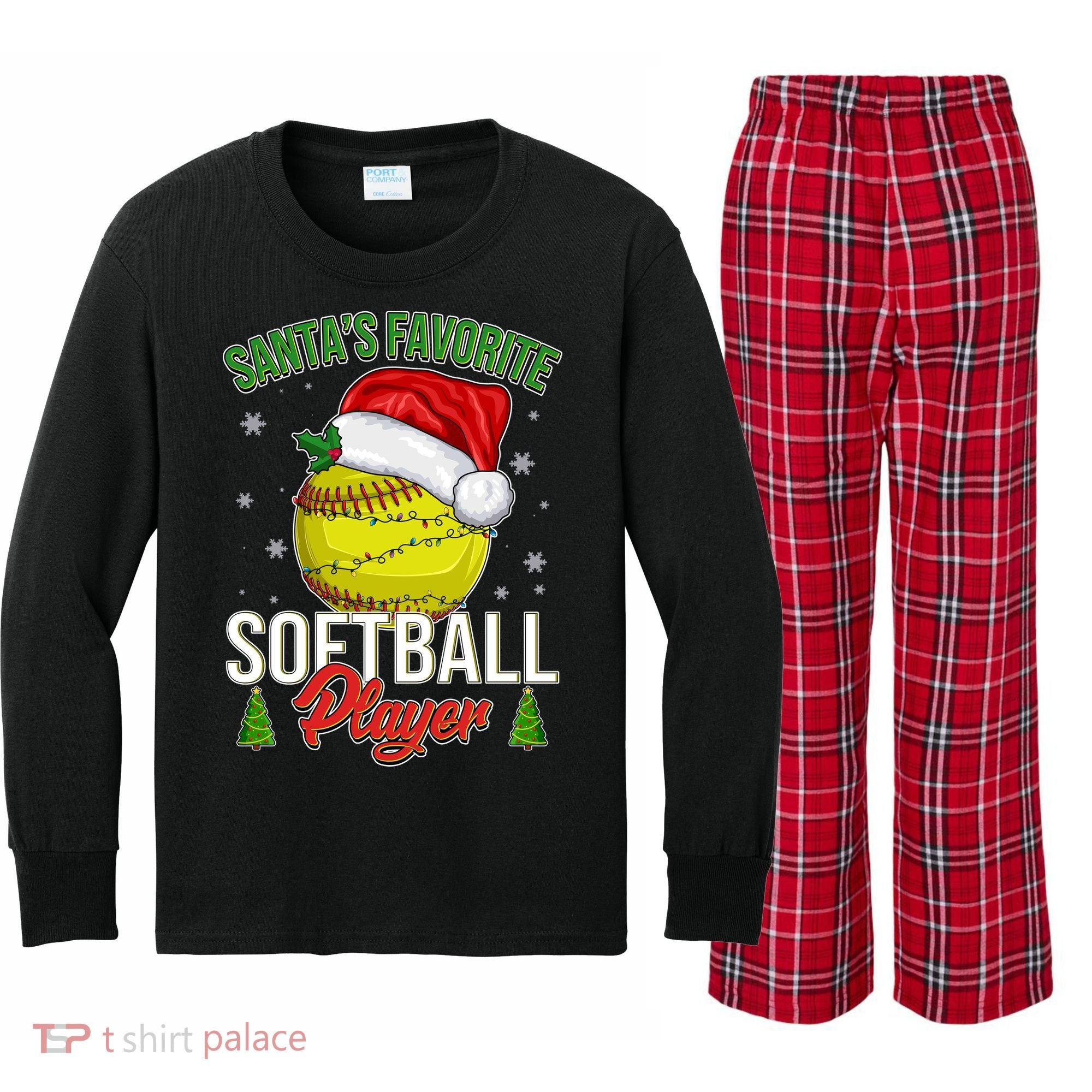 Funny Christmas Santa's Favorite Softball Player Kids Long Sleeve Plaid Pajama Set