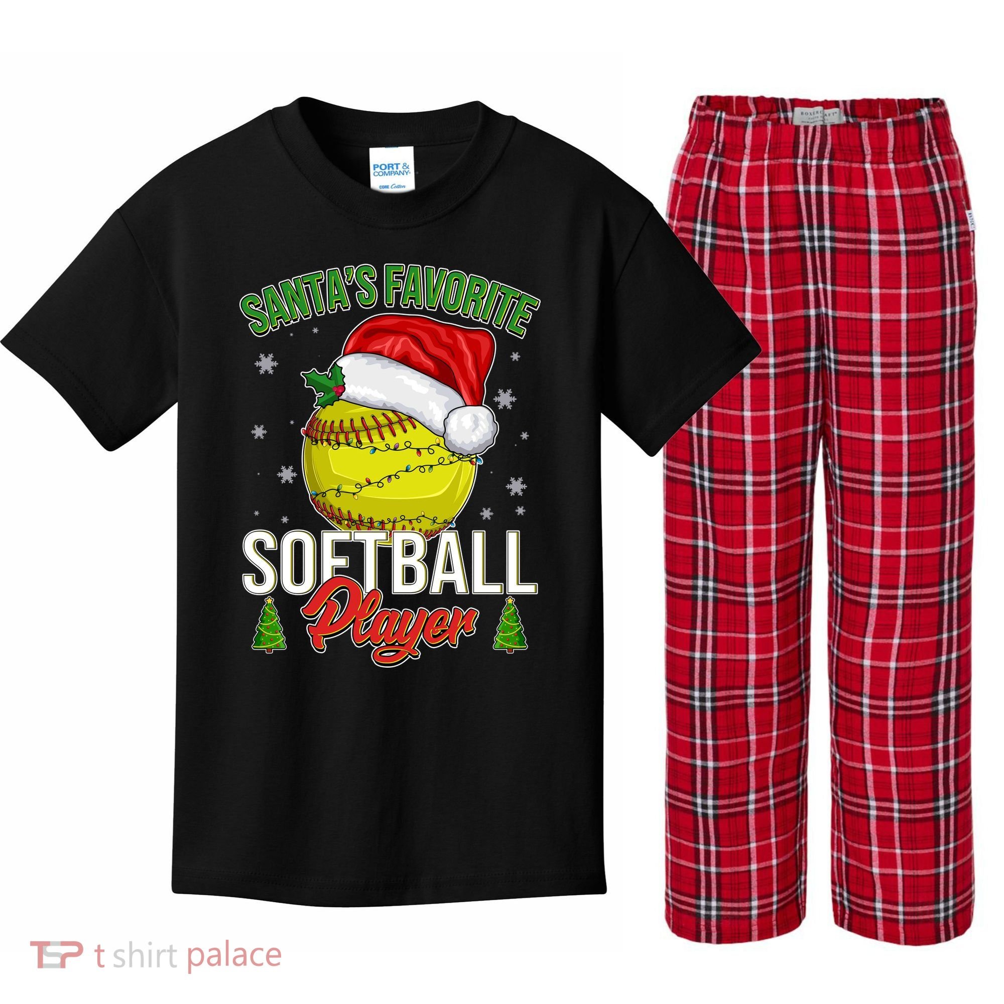 Funny Christmas Santa's Favorite Softball Player Kids Plaid Pajama Set