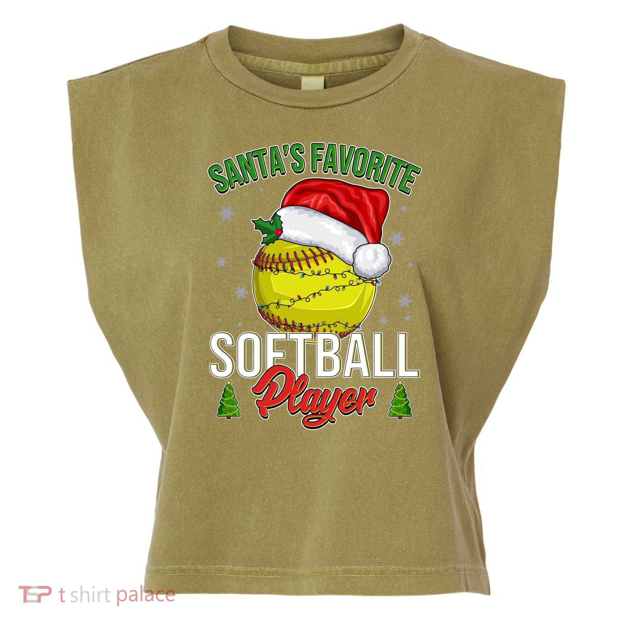 Funny Christmas Santa's Favorite Softball Player Garment-Dyed Women's Muscle Tee