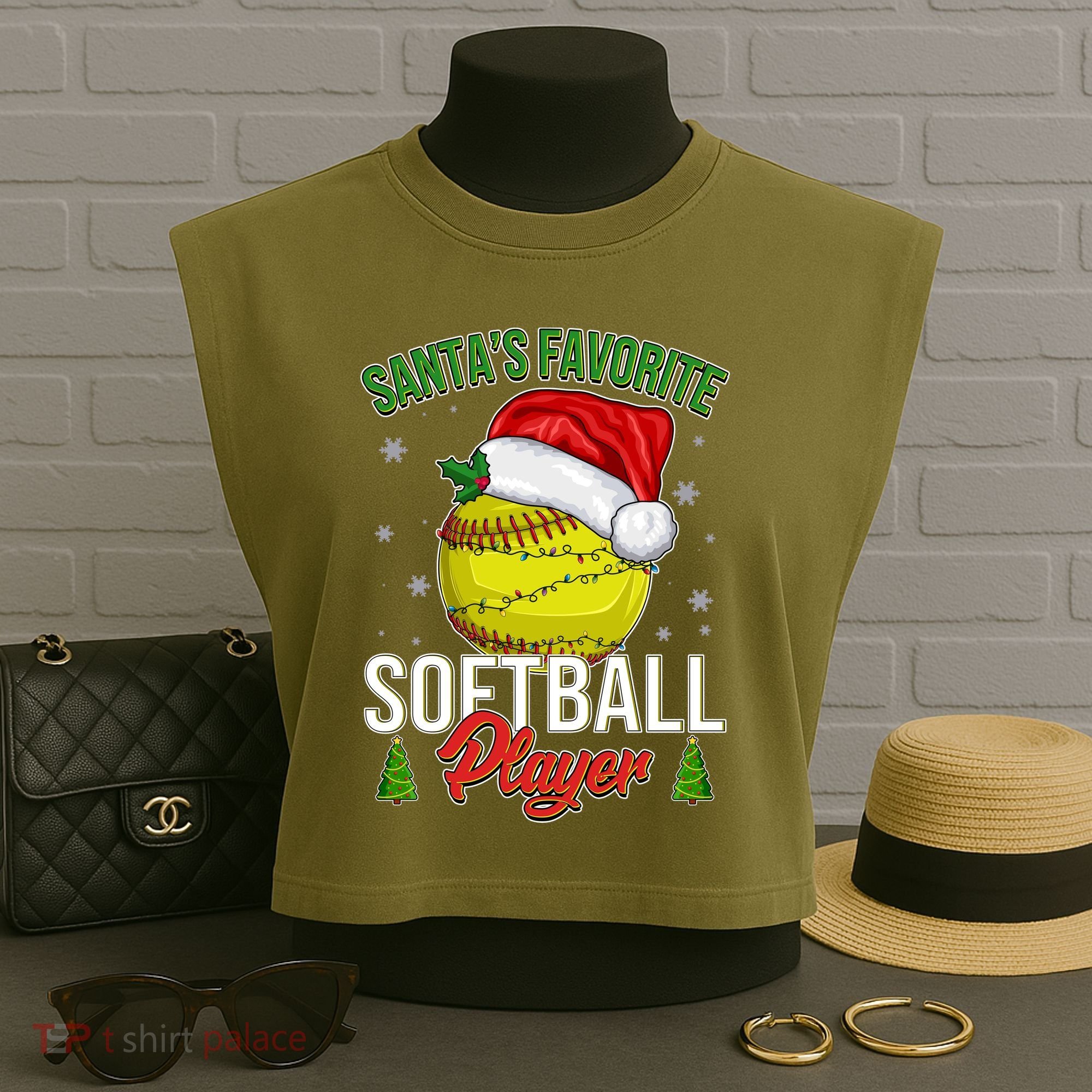 Funny Christmas Santa's Favorite Softball Player Garment-Dyed Women's Muscle Tee