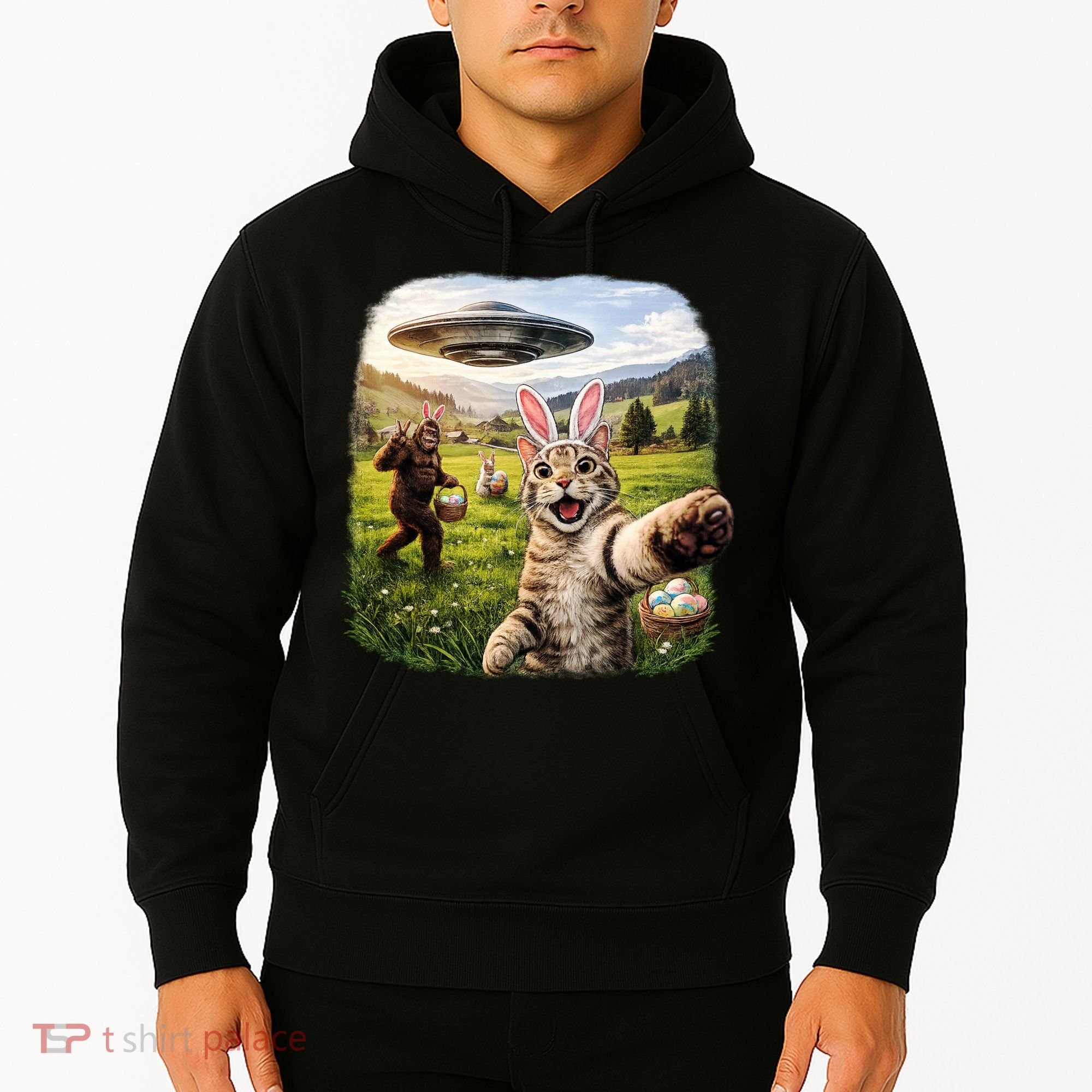 Funny Cat Selfie Easter Bunny Bigfoot UFO Hoodie