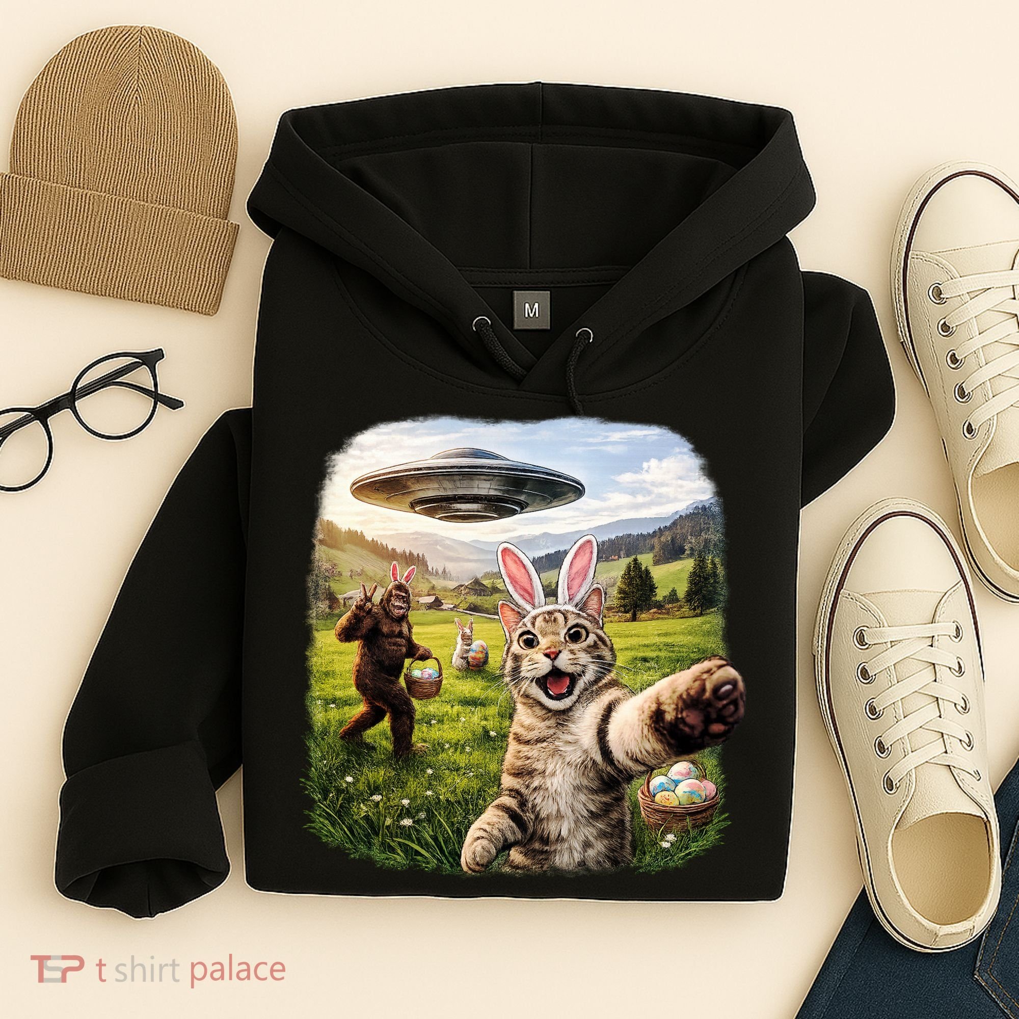 Funny Cat Selfie Easter Bunny Bigfoot UFO Hoodie
