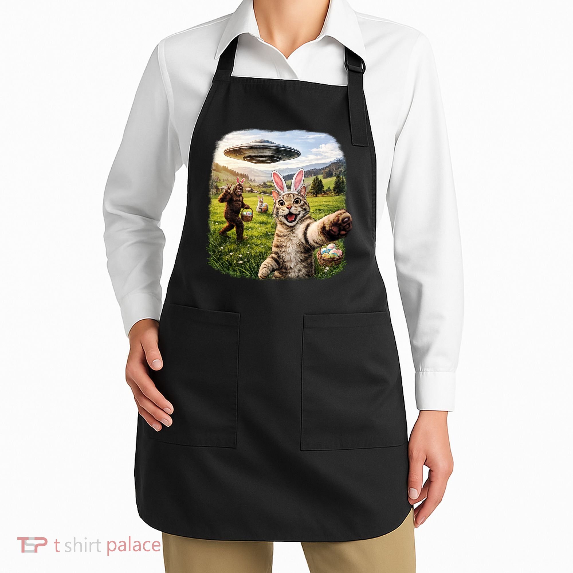 Funny Cat Selfie Easter Bunny Bigfoot UFO Apron