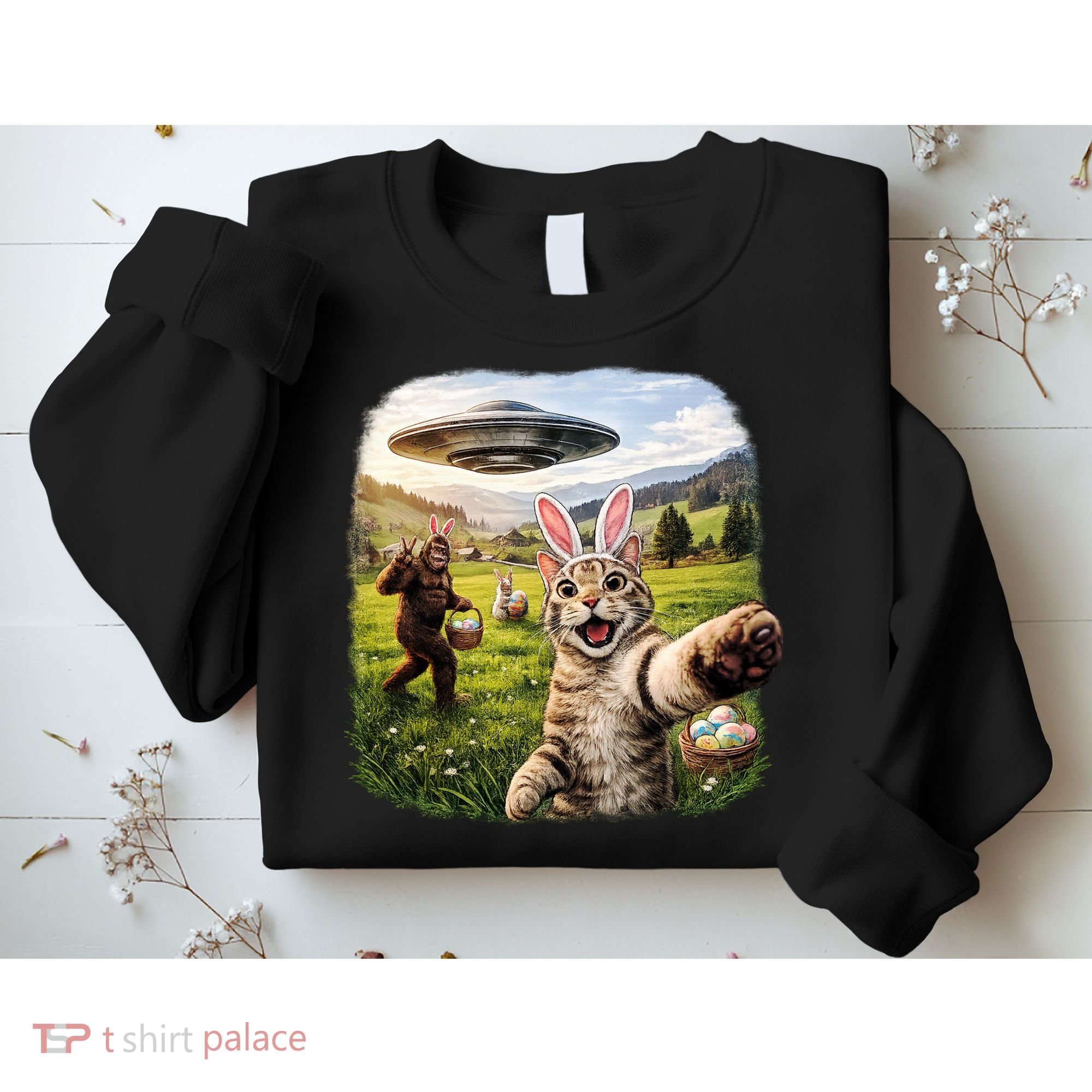 Funny Cat Selfie Easter Bunny Bigfoot UFO Sweatshirt