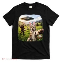 Funny Cat Selfie Easter Bunny Bigfoot UFO T-Shirt thumb 0
