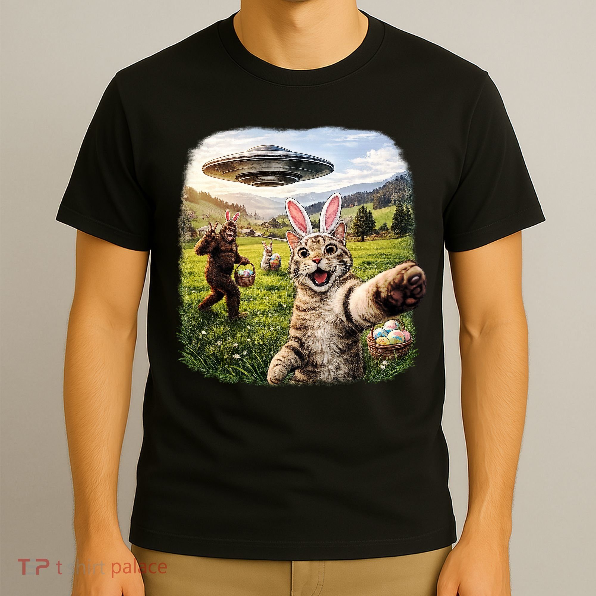 Funny Cat Selfie Easter Bunny Bigfoot UFO T-Shirt