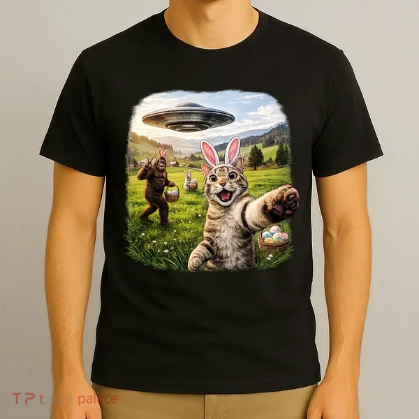 Funny Cat Selfie Easter Bunny Bigfoot UFO T-Shirt