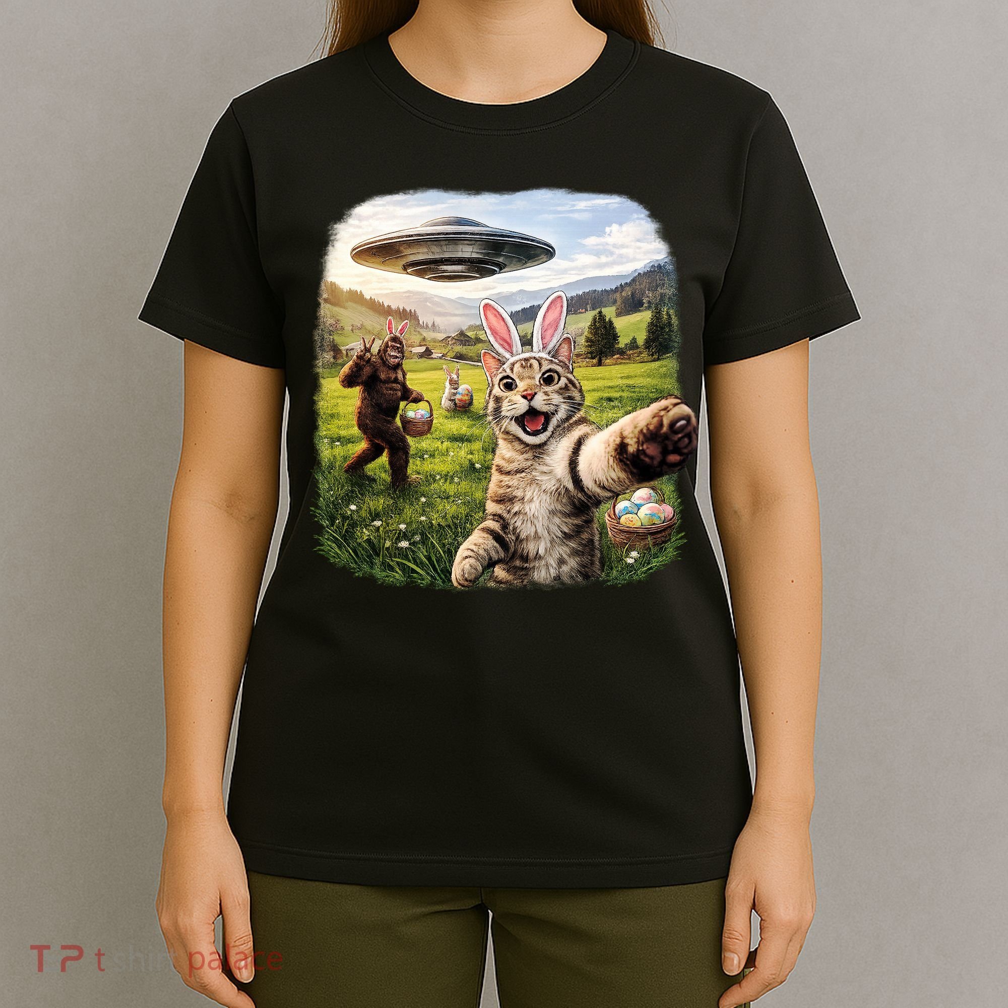Funny Cat Selfie Easter Bunny Bigfoot UFO T-Shirt
