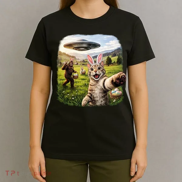 Funny Cat Selfie Easter Bunny Bigfoot UFO T-Shirt
