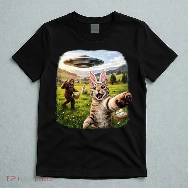 Funny Cat Selfie Easter Bunny Bigfoot UFO T-Shirt