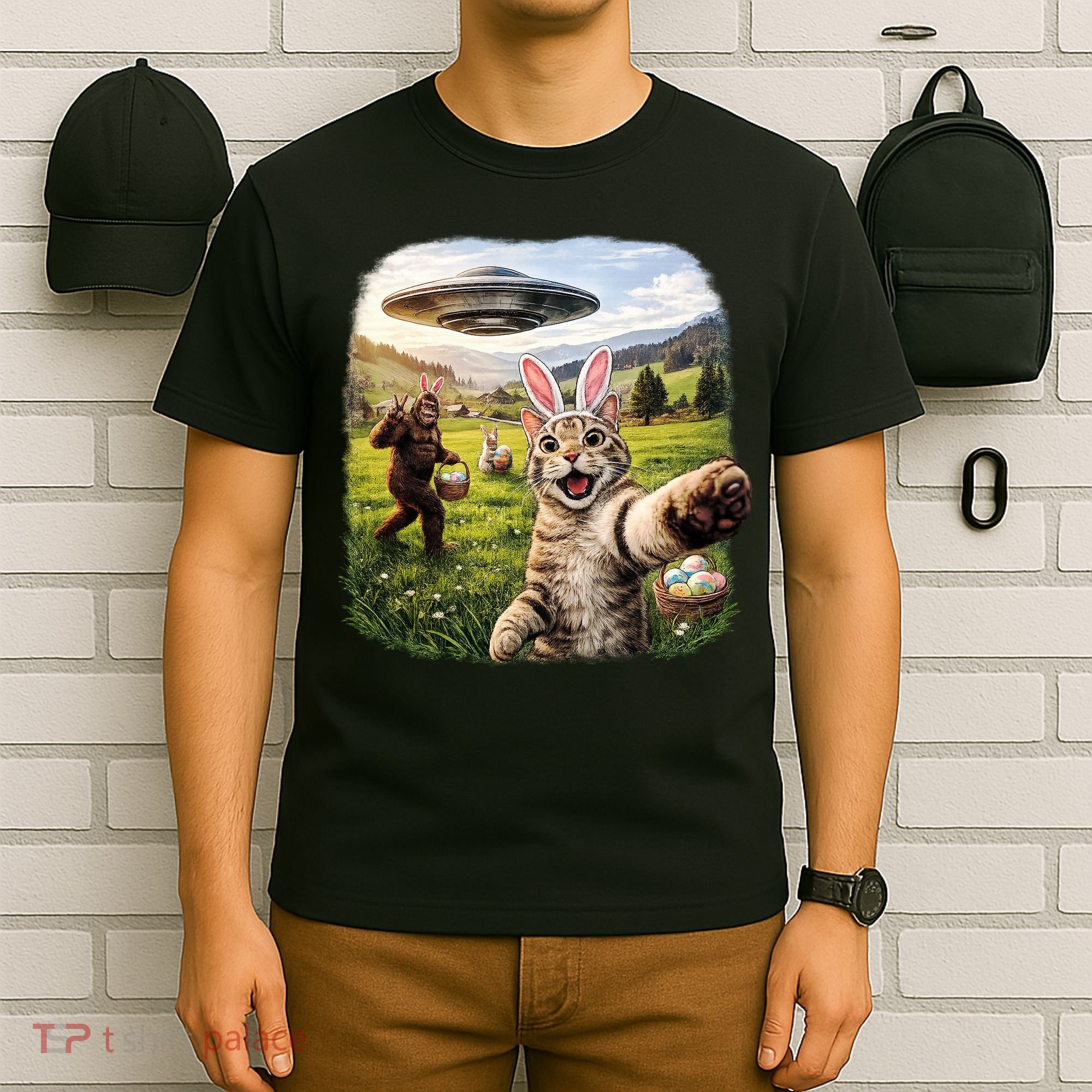 Funny Cat Selfie Easter Bunny Bigfoot UFO T-Shirt