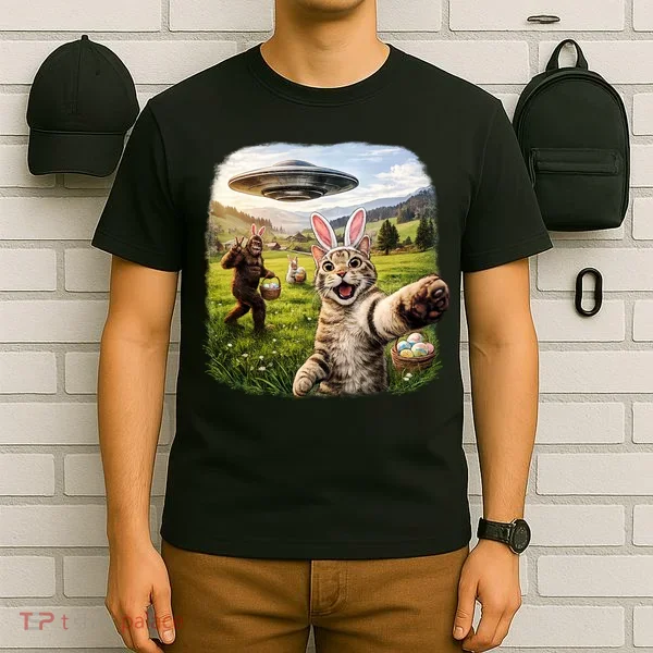 Funny Cat Selfie Easter Bunny Bigfoot UFO T-Shirt