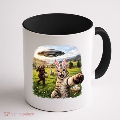 Funny Cat Selfie Easter Bunny Bigfoot UFO Coffee Mug back