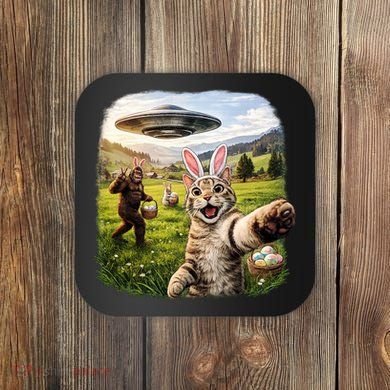 Funny Cat Selfie Easter Bunny Bigfoot UFO Coaster