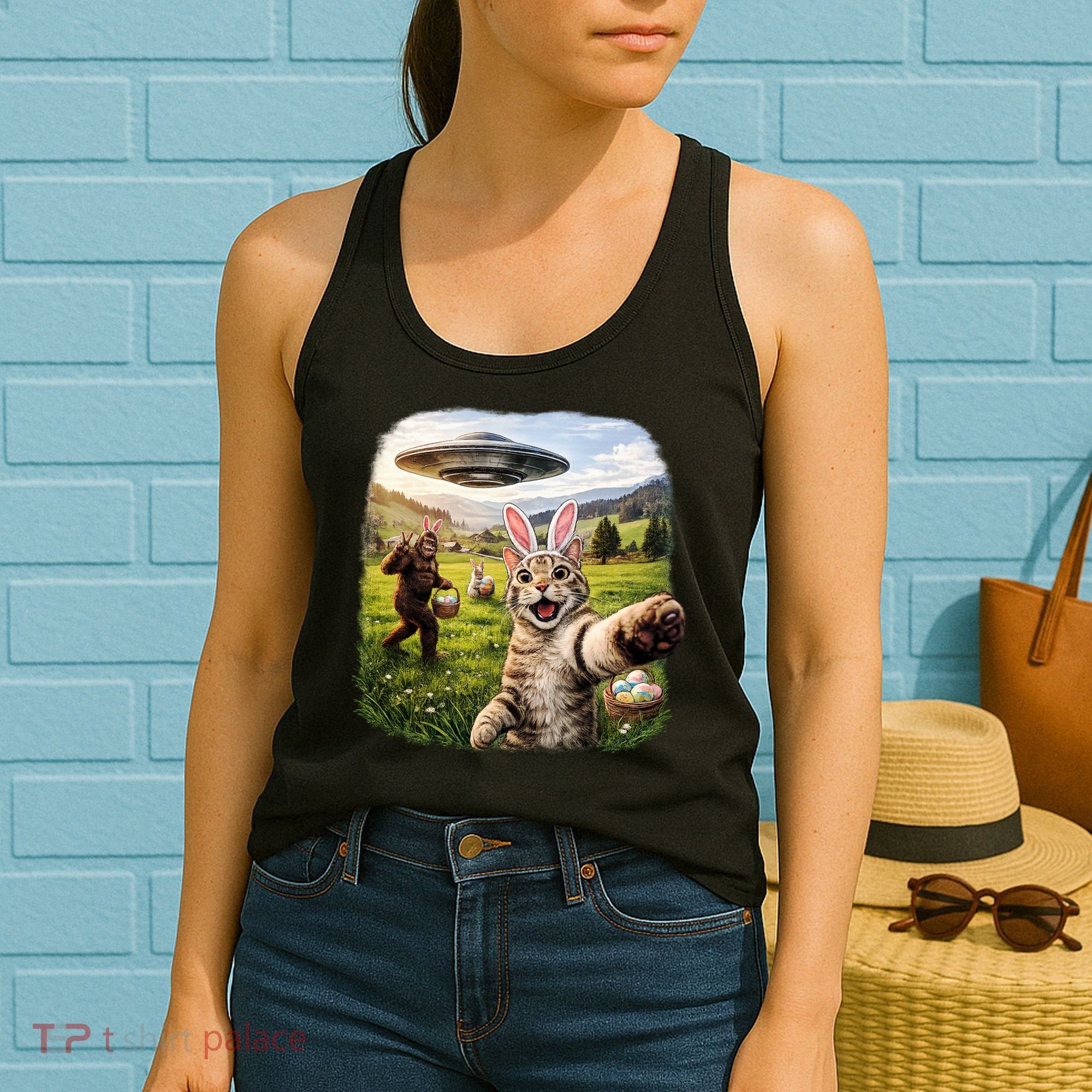 Funny Cat Selfie Easter Bunny Bigfoot UFO Women's Tank Top