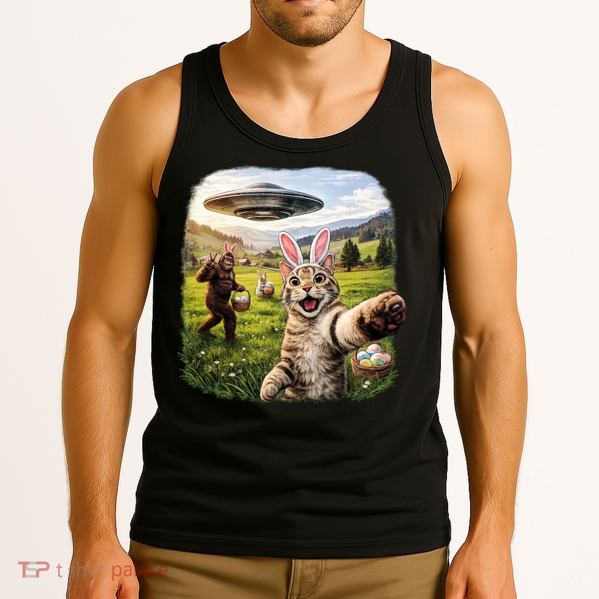Funny Cat Selfie Easter Bunny Bigfoot UFO Tank Top