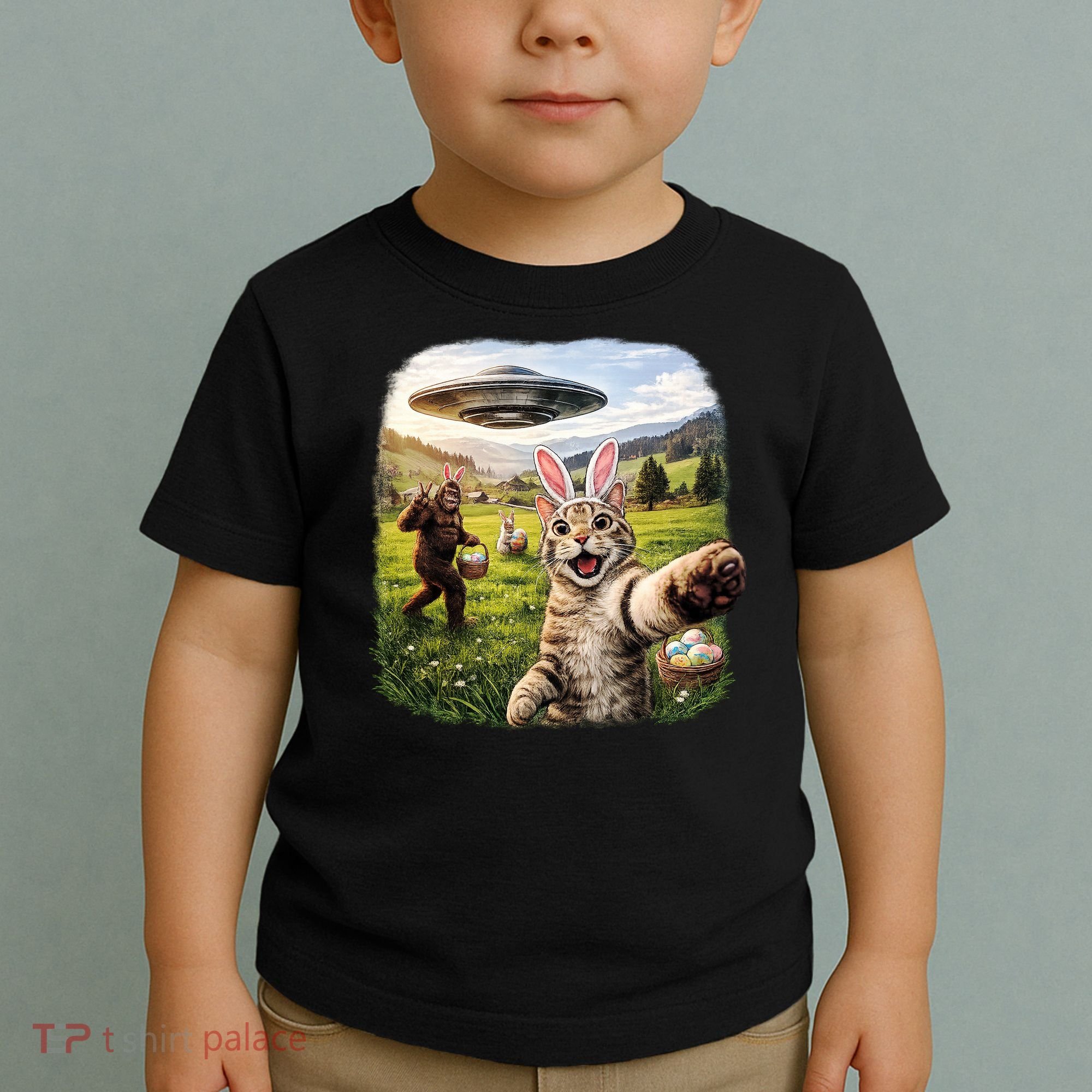 Funny Cat Selfie Easter Bunny Bigfoot UFO Toddler T-Shirt