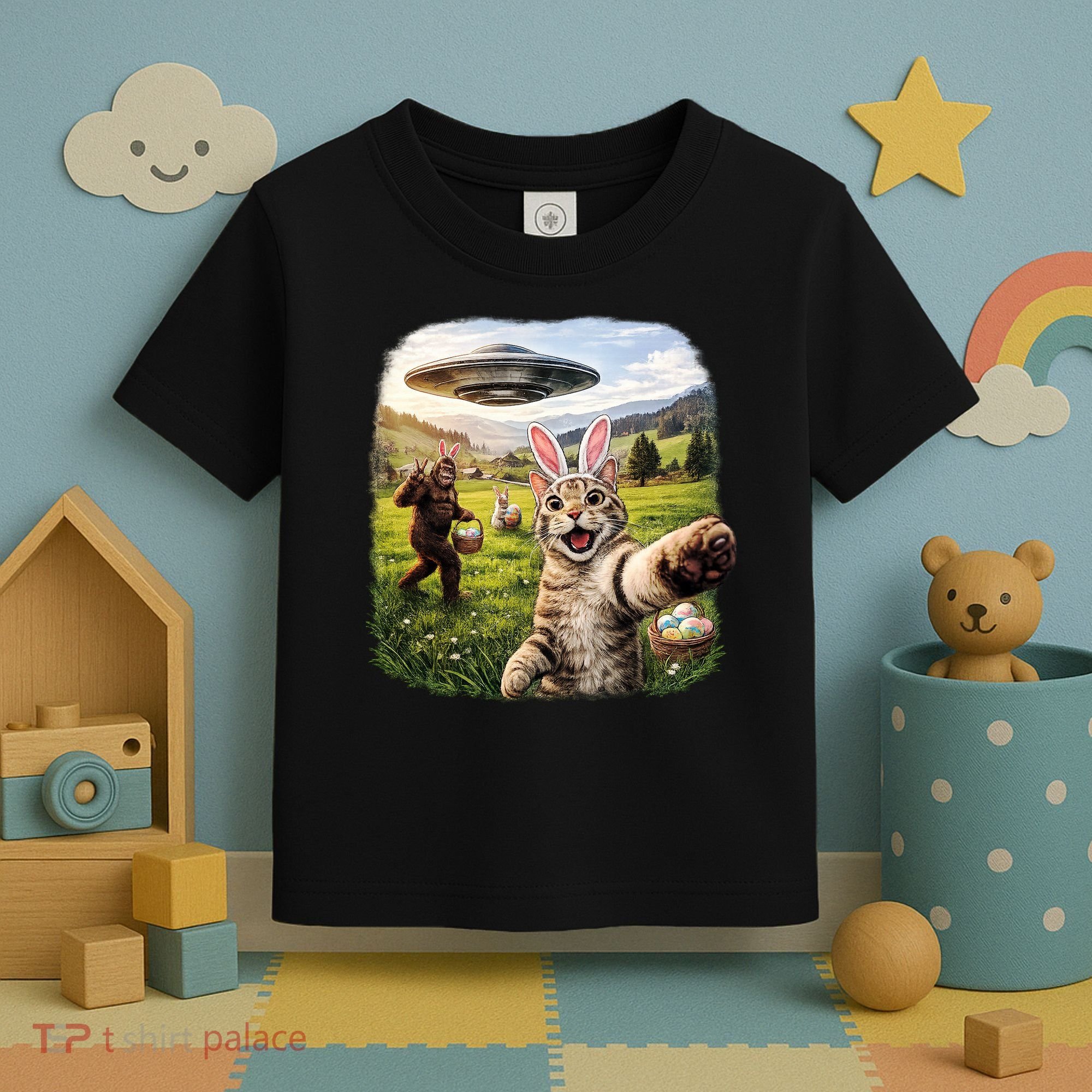 Funny Cat Selfie Easter Bunny Bigfoot UFO Toddler T-Shirt