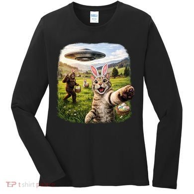 Funny Cat Selfie Easter Bunny Bigfoot UFO Women's Long Sleeve Shirt