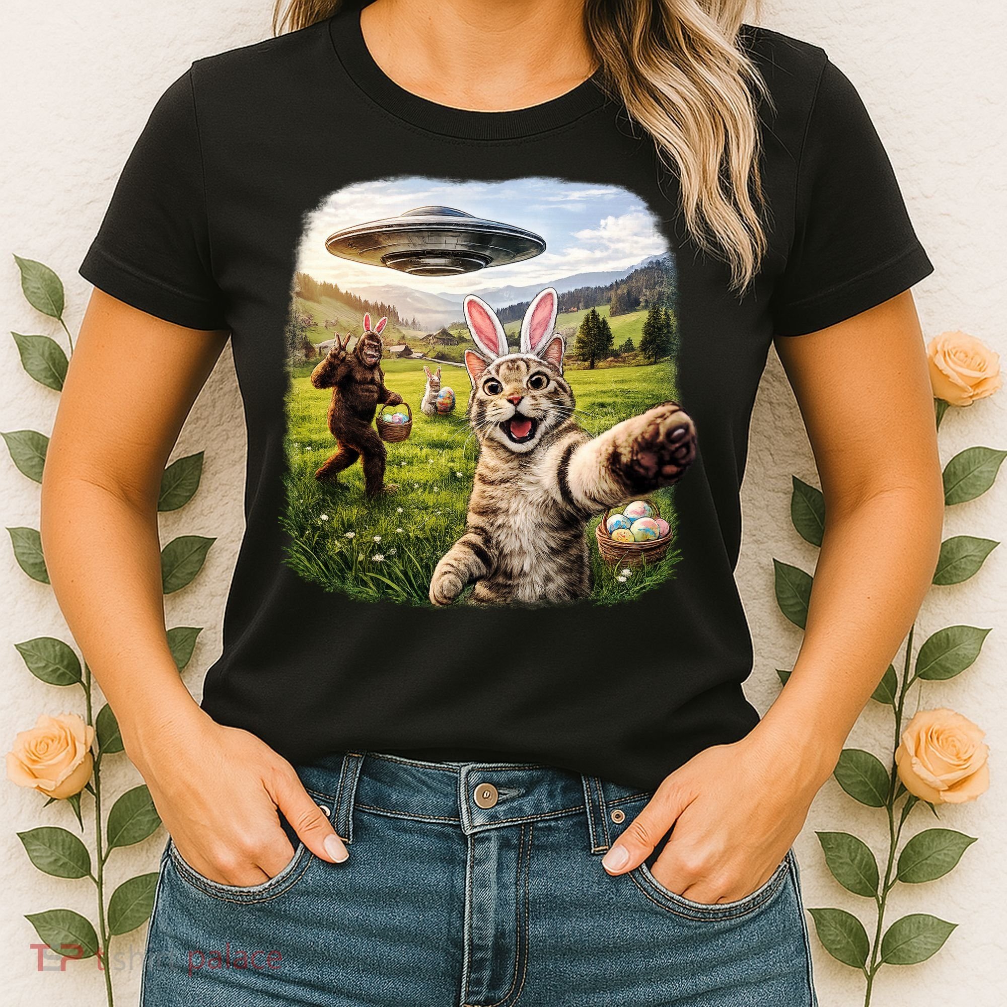 Funny Cat Selfie Easter Bunny Bigfoot UFO Women's T-Shirt
