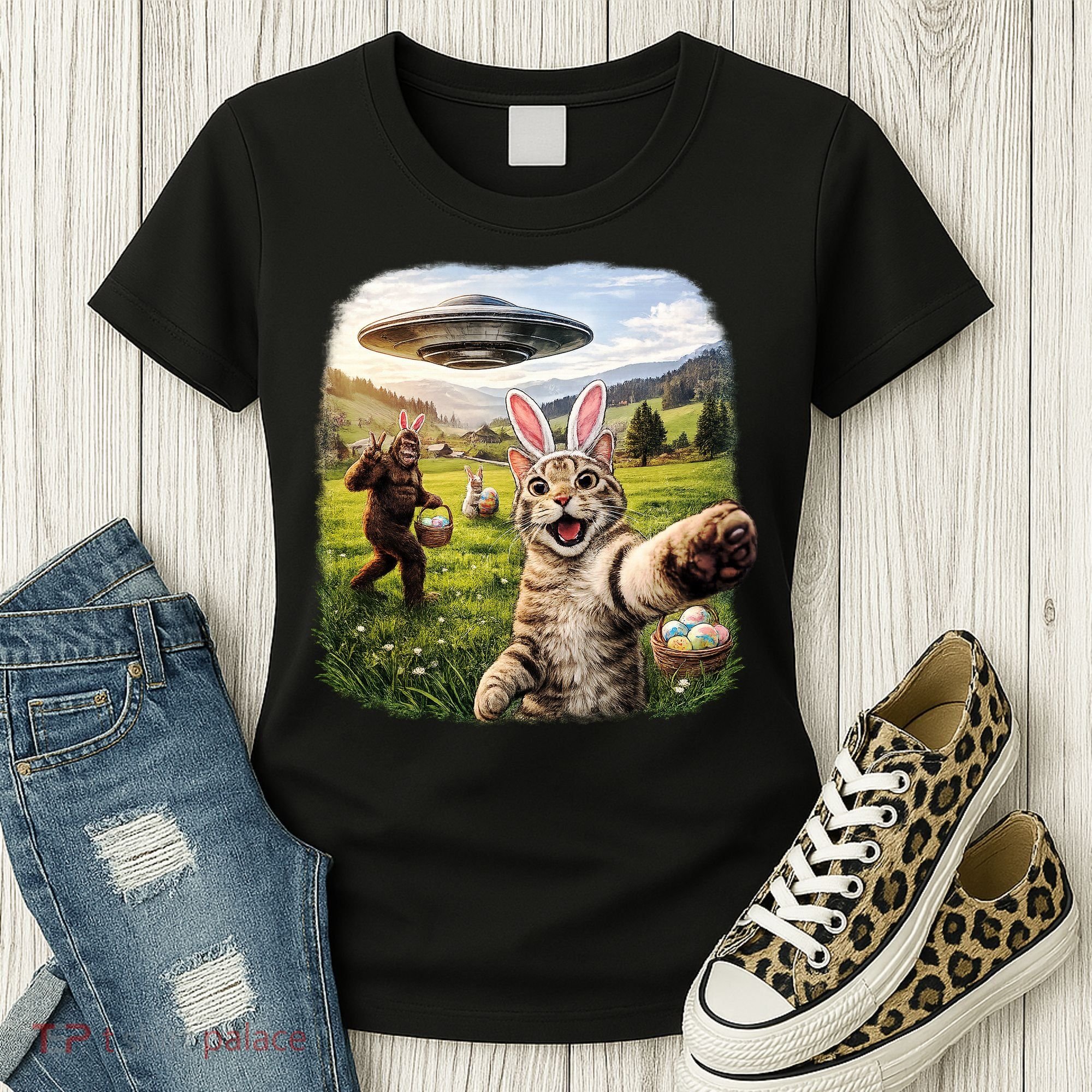Funny Cat Selfie Easter Bunny Bigfoot UFO Women's T-Shirt