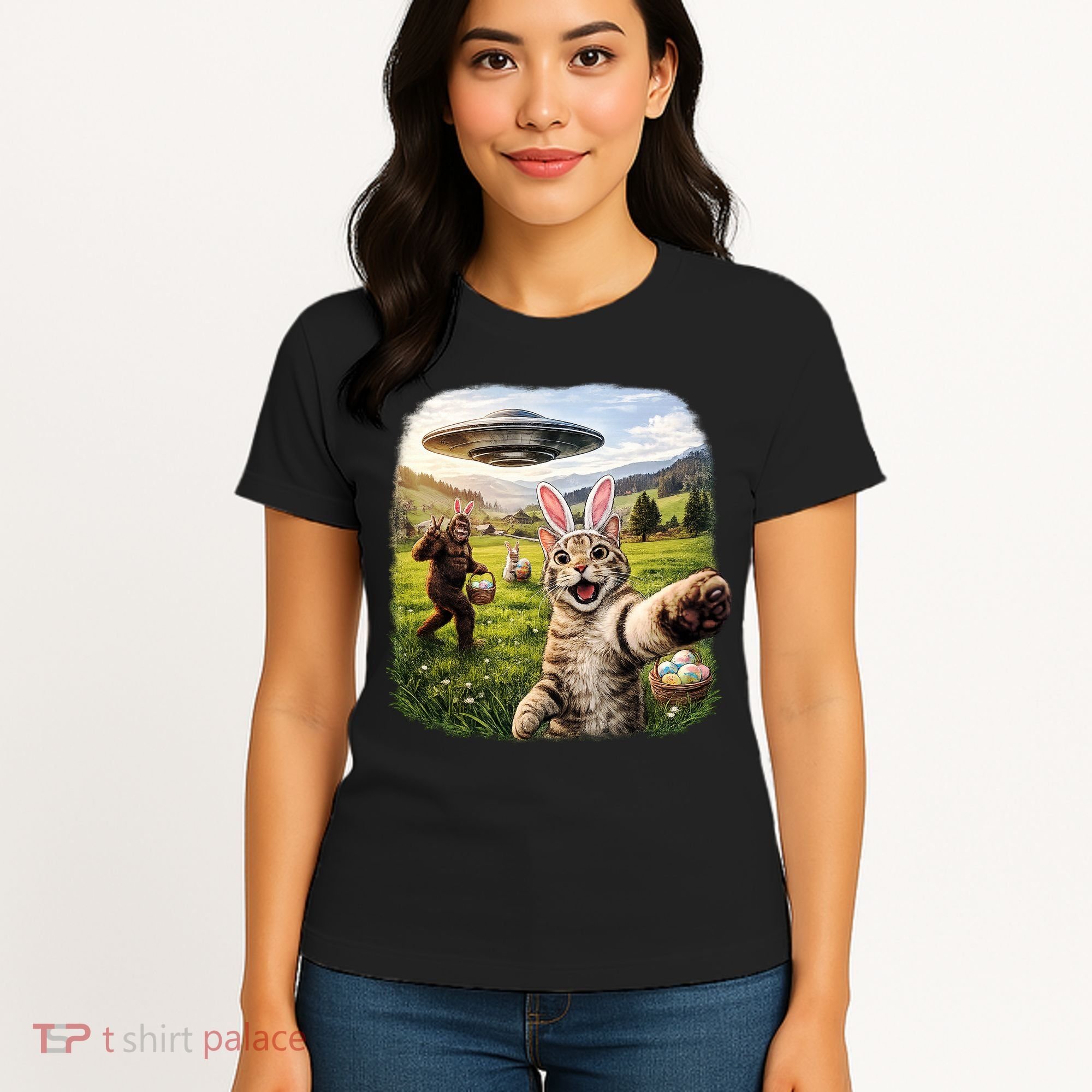 Funny Cat Selfie Easter Bunny Bigfoot UFO Women's T-Shirt