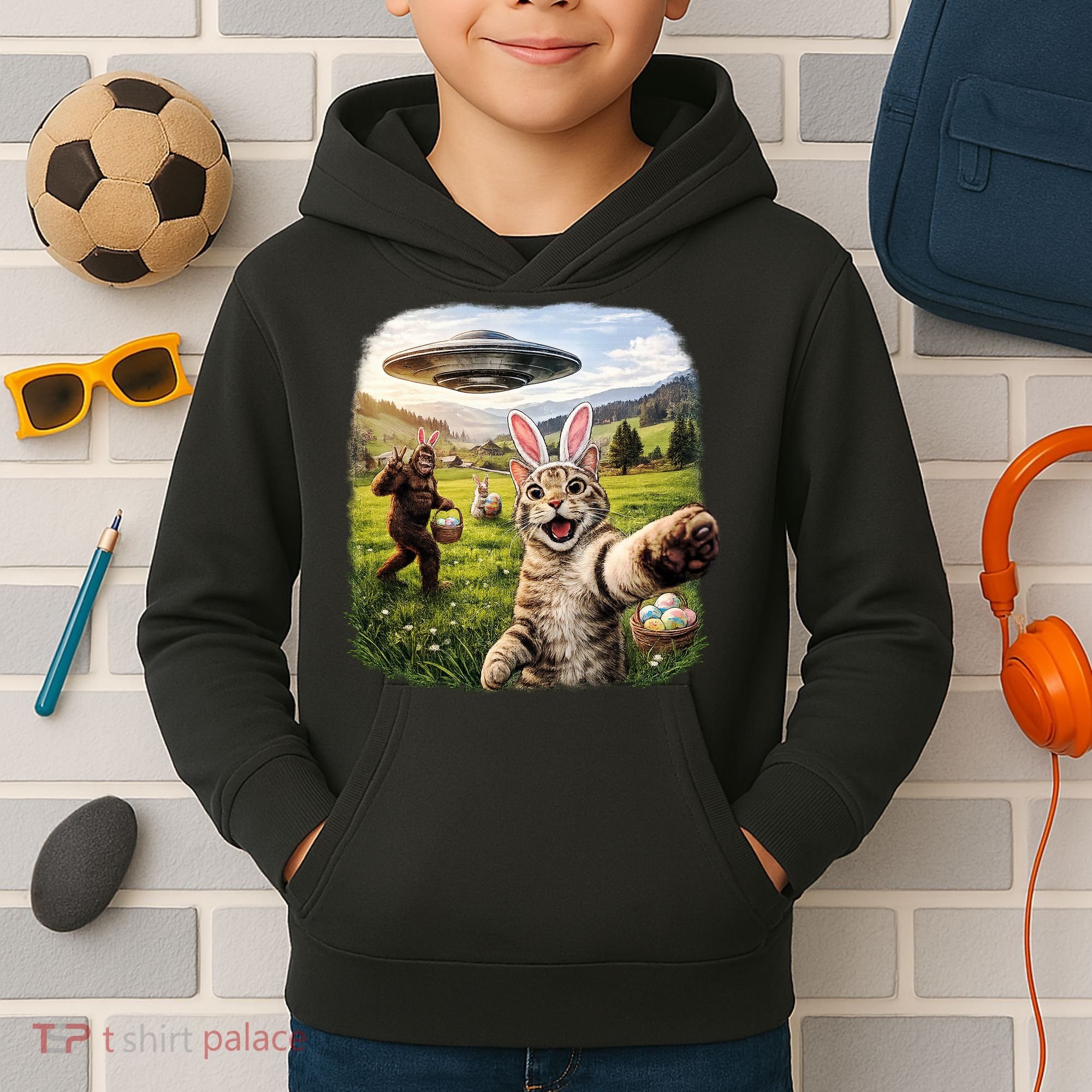 Funny Cat Selfie Easter Bunny Bigfoot UFO Kids Hoodie