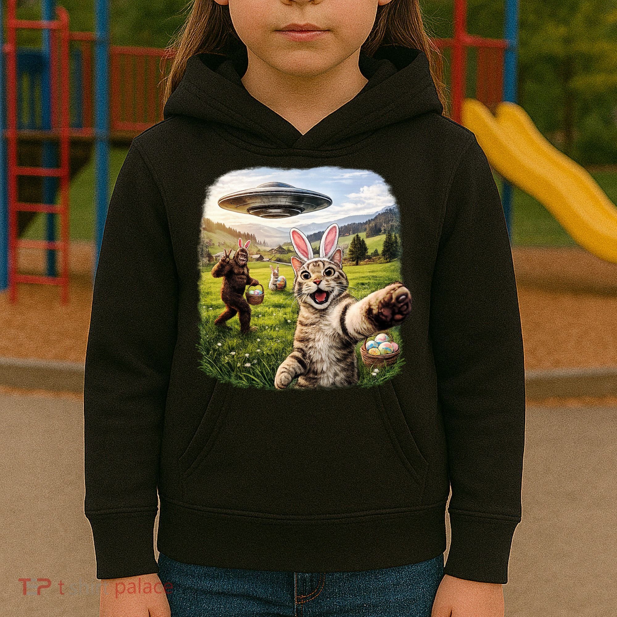 Funny Cat Selfie Easter Bunny Bigfoot UFO Kids Hoodie