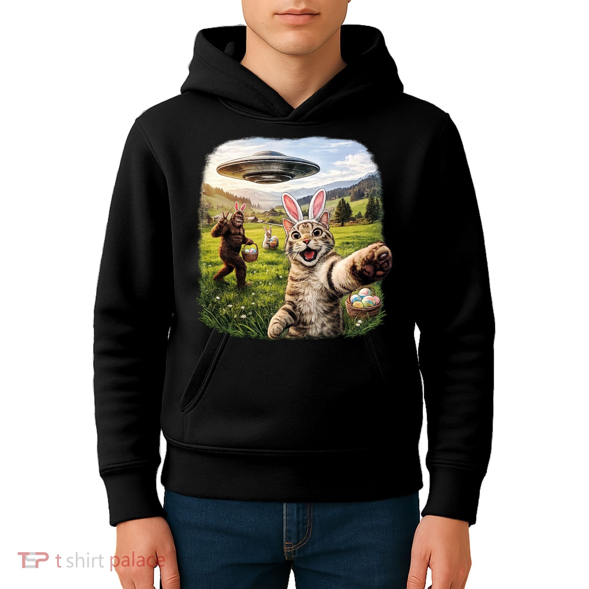 Funny Cat Selfie Easter Bunny Bigfoot UFO Kids Hoodie