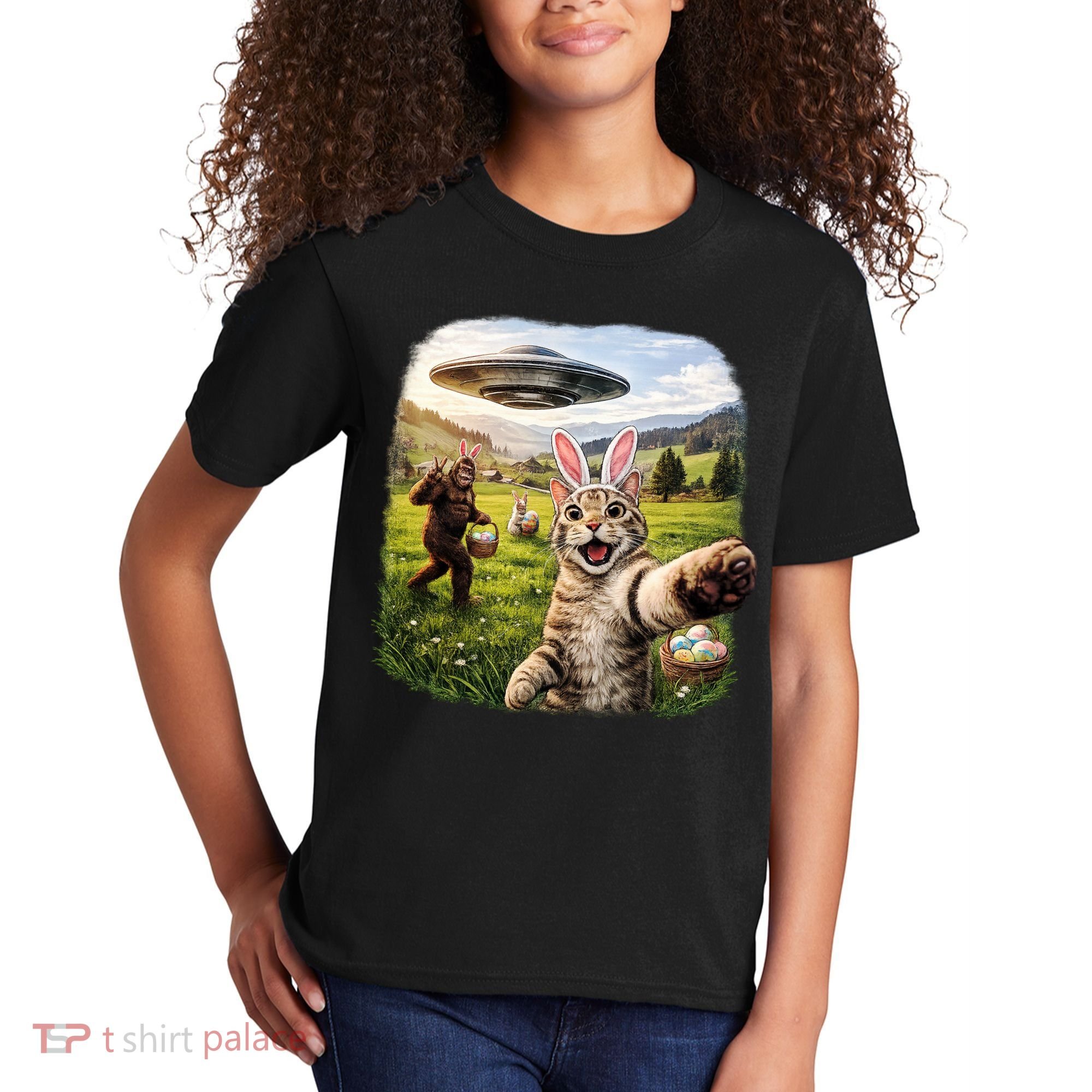 Funny Cat Selfie Easter Bunny Bigfoot UFO Kids T-Shirt