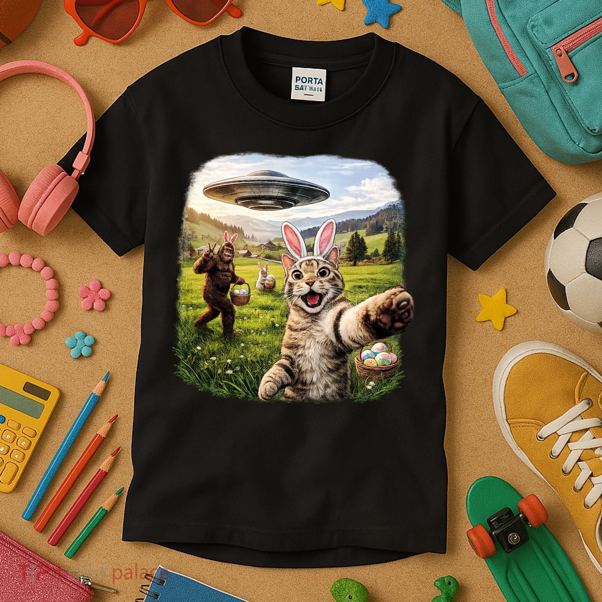 Funny Cat Selfie Easter Bunny Bigfoot UFO Kids T-Shirt