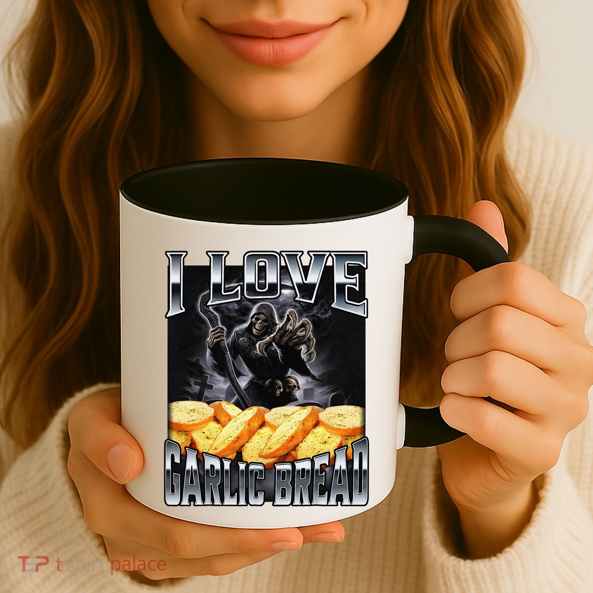 Funny Cringe Skeleton Meme I Love Garlic Bread Coffee Mug
