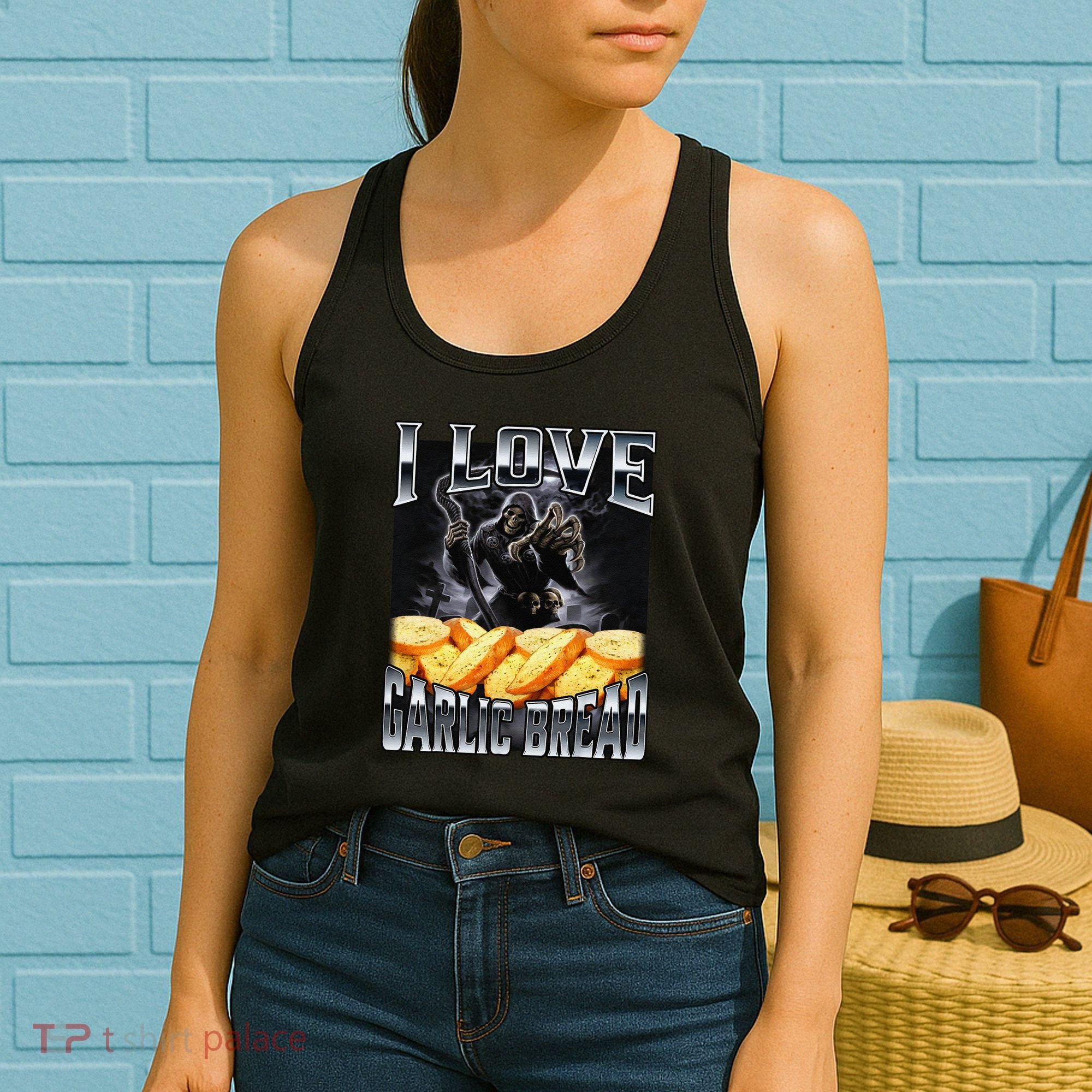Funny Cringe Skeleton Meme I Love Garlic Bread Women's Tank Top