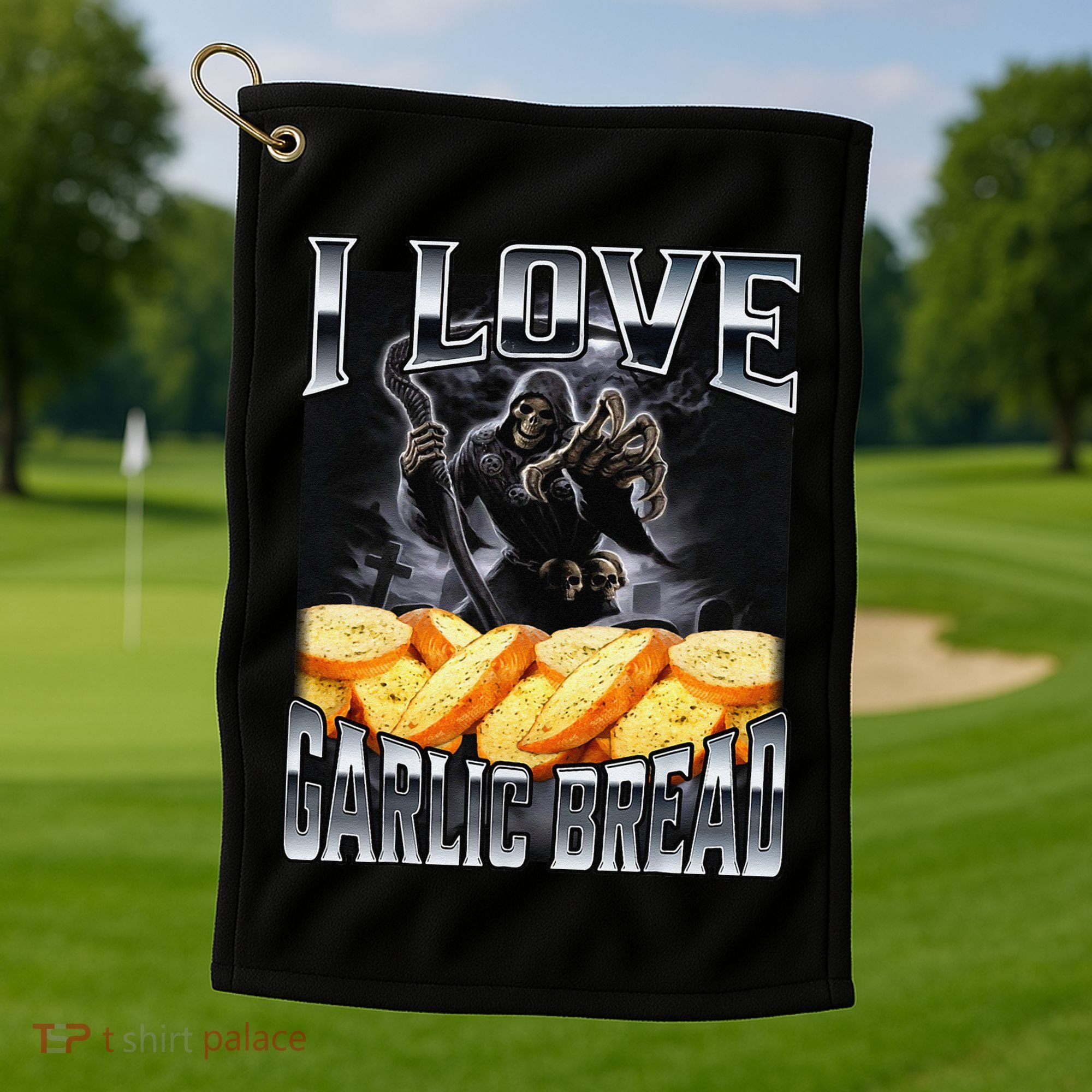 Funny Cringe Skeleton Meme I Love Garlic Bread Golf Towel