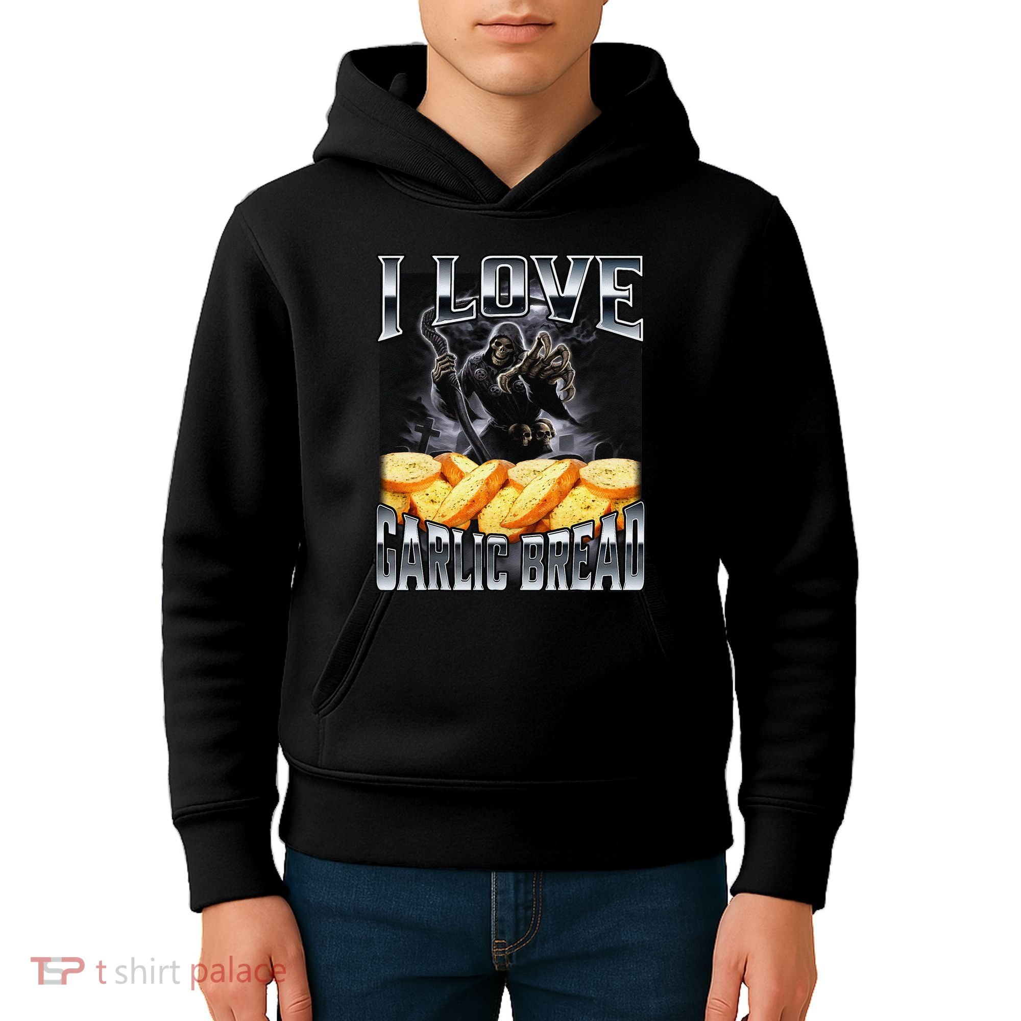 Funny Cringe Skeleton Meme I Love Garlic Bread Kids Hoodie
