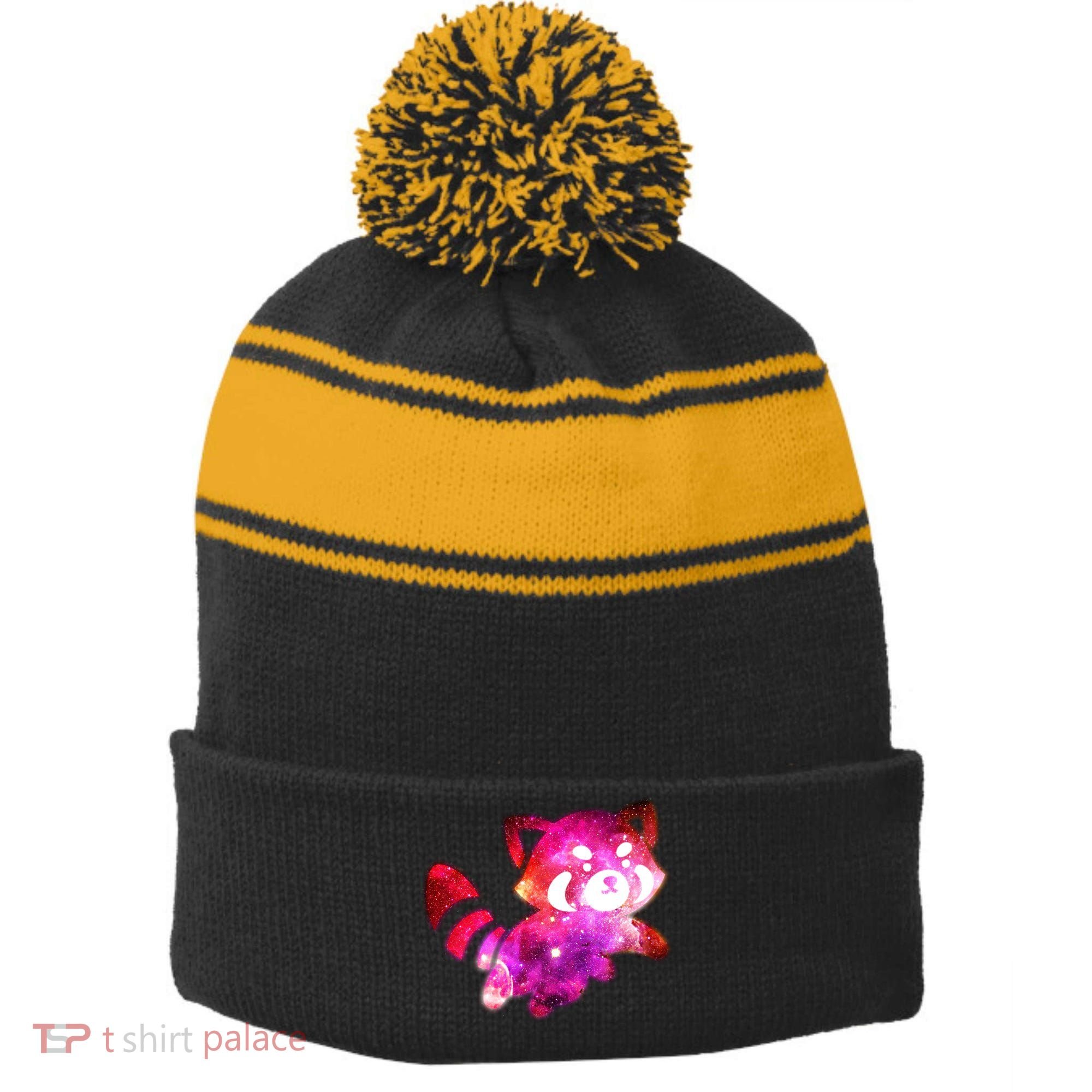 Funny Cute Space Galaxy Red Panda Stripe Pom Pom Beanie
