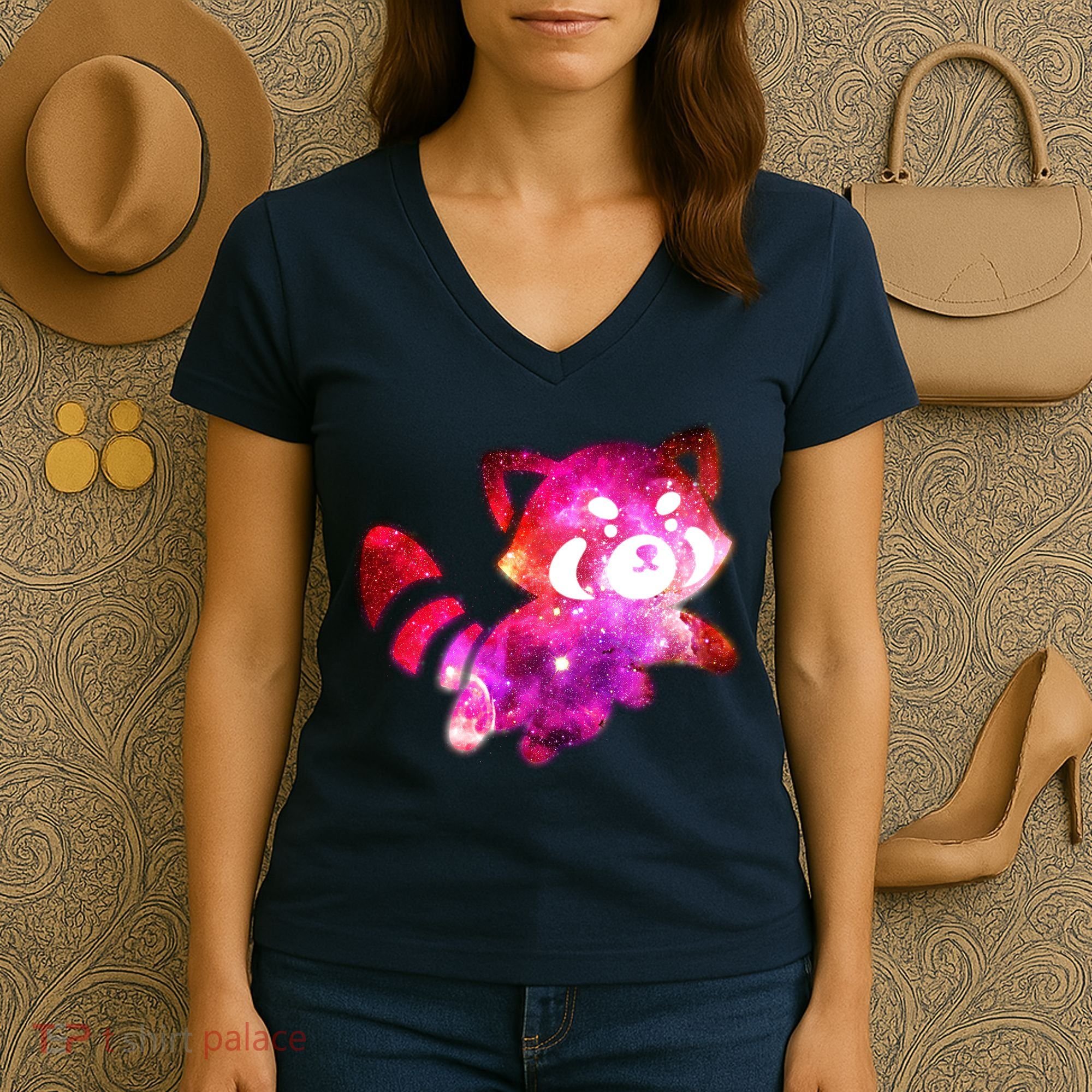 Funny Cute Space Galaxy Red Panda Women's V-Neck T-Shirt