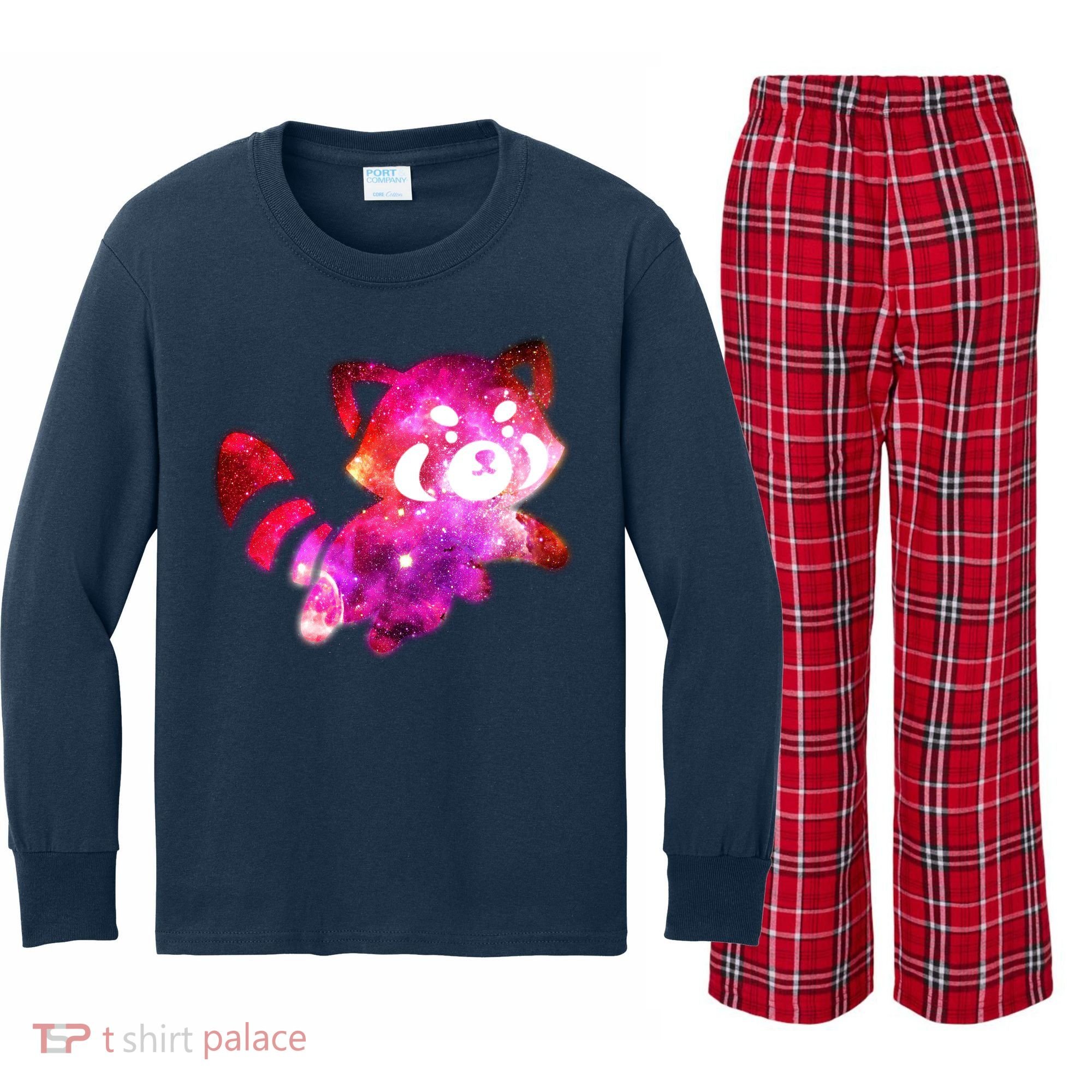 Funny Cute Space Galaxy Red Panda Kids Long Sleeve Plaid Pajama Set