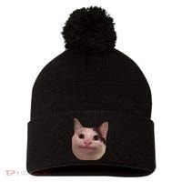 Funny Cat Smiling Cat Beluga Pom Pom 12in Knit Beanie thumb 0