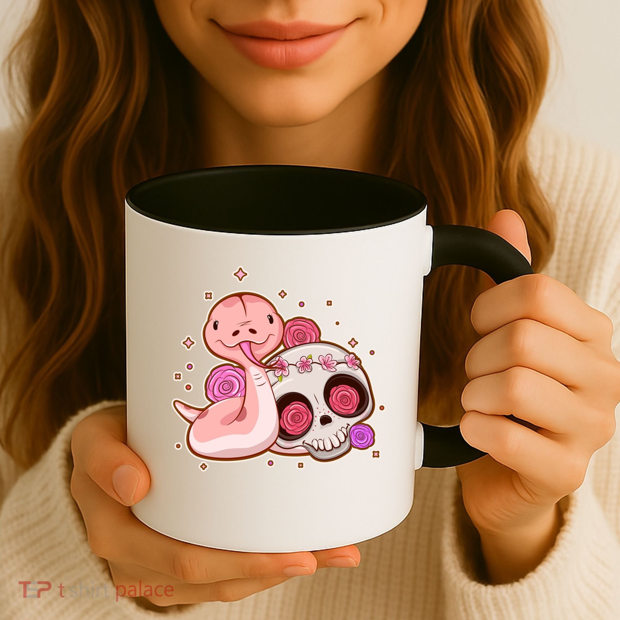 Funny Cute Snake and Flower Skull Coffee Mug