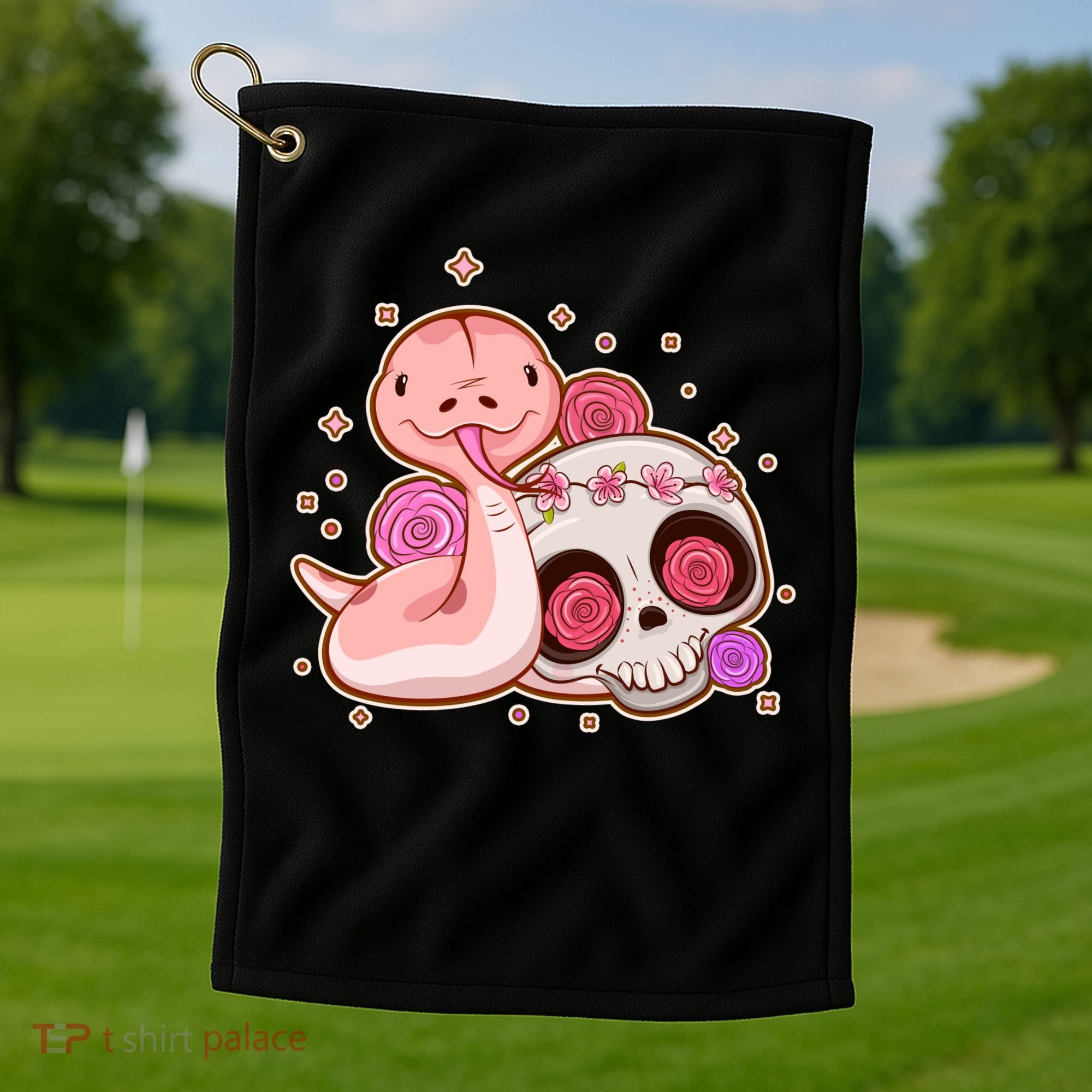 Funny Cute Snake and Flower Skull Golf Towel
