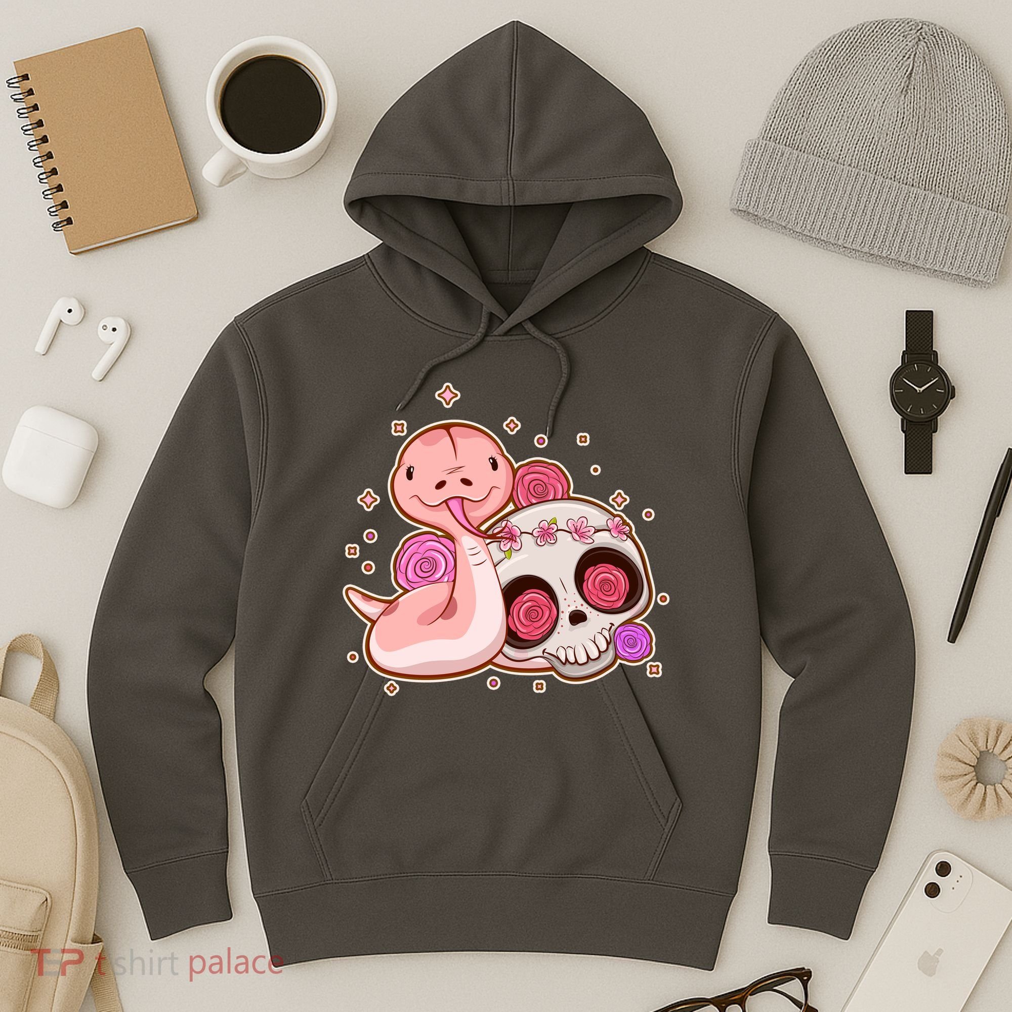 Funny Cute Snake and Flower Skull Hoodie